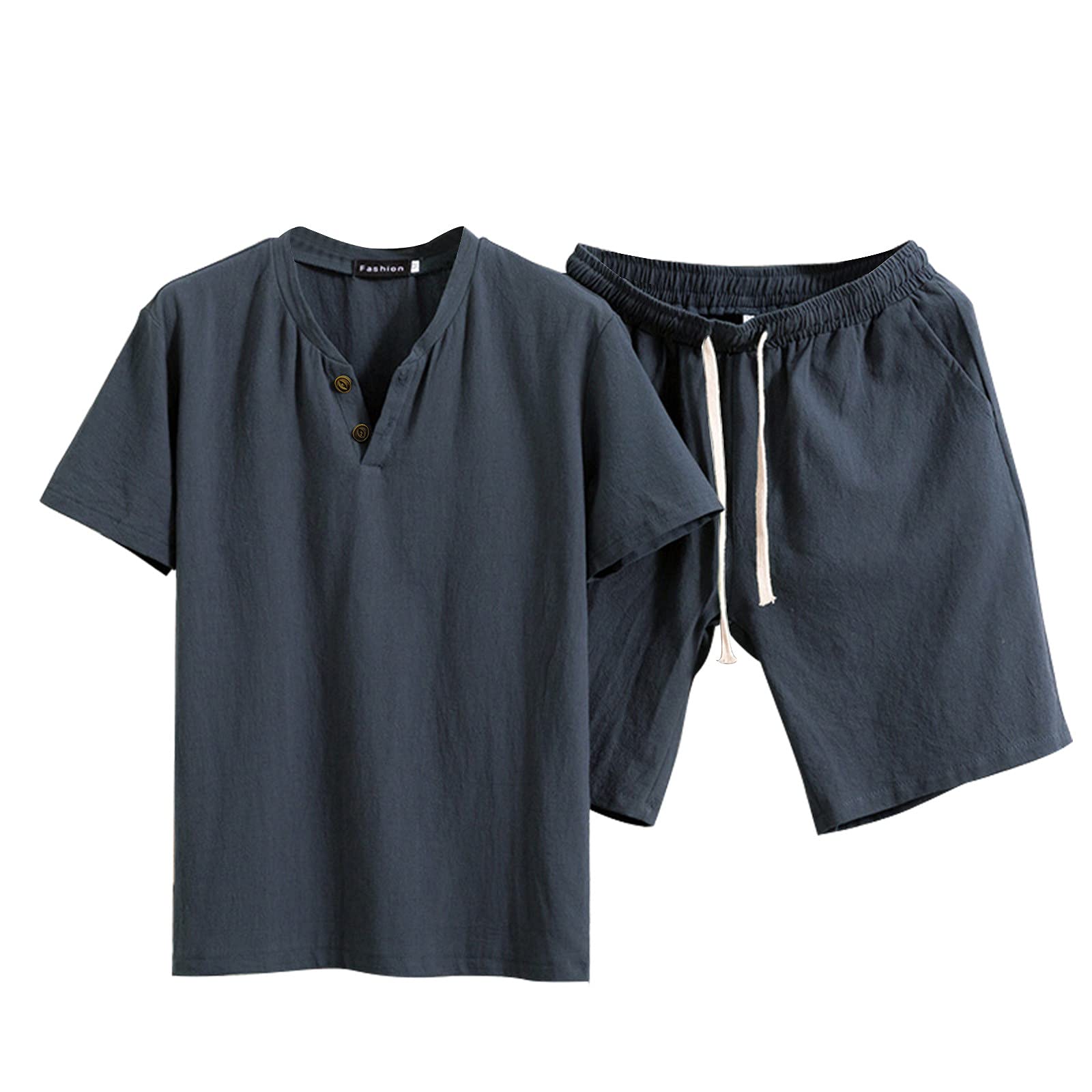 **Men's 2-Piece Summer Casual Outfit - Soft Linen Tracksuit Set with Short Sleeve Henley T-Shirt & Shorts | Lounge, Sleep, Travel & Home Wear**