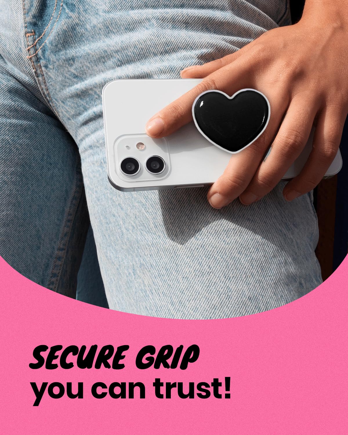 OnTheGrip Cute Solid Macaron Color Heart Shape Collapsible Phone Grip Stand Holder for iPhone Samsung Smartphones & Tablets - Perfect for Watching Videos, Taking Selfies & Hands-Free Calling (Black)