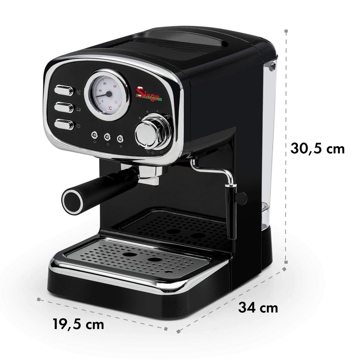 Sirge CREMILDA Espresso and Cappuccino Coffee Machine, 15 Bar Pressure [Italian Pump], 1100W, Built-in Pressure Gauge, Removable 1.25L Water Tank, Steam Nozzle - Perfect for Home Baristas and Coffee Lovers