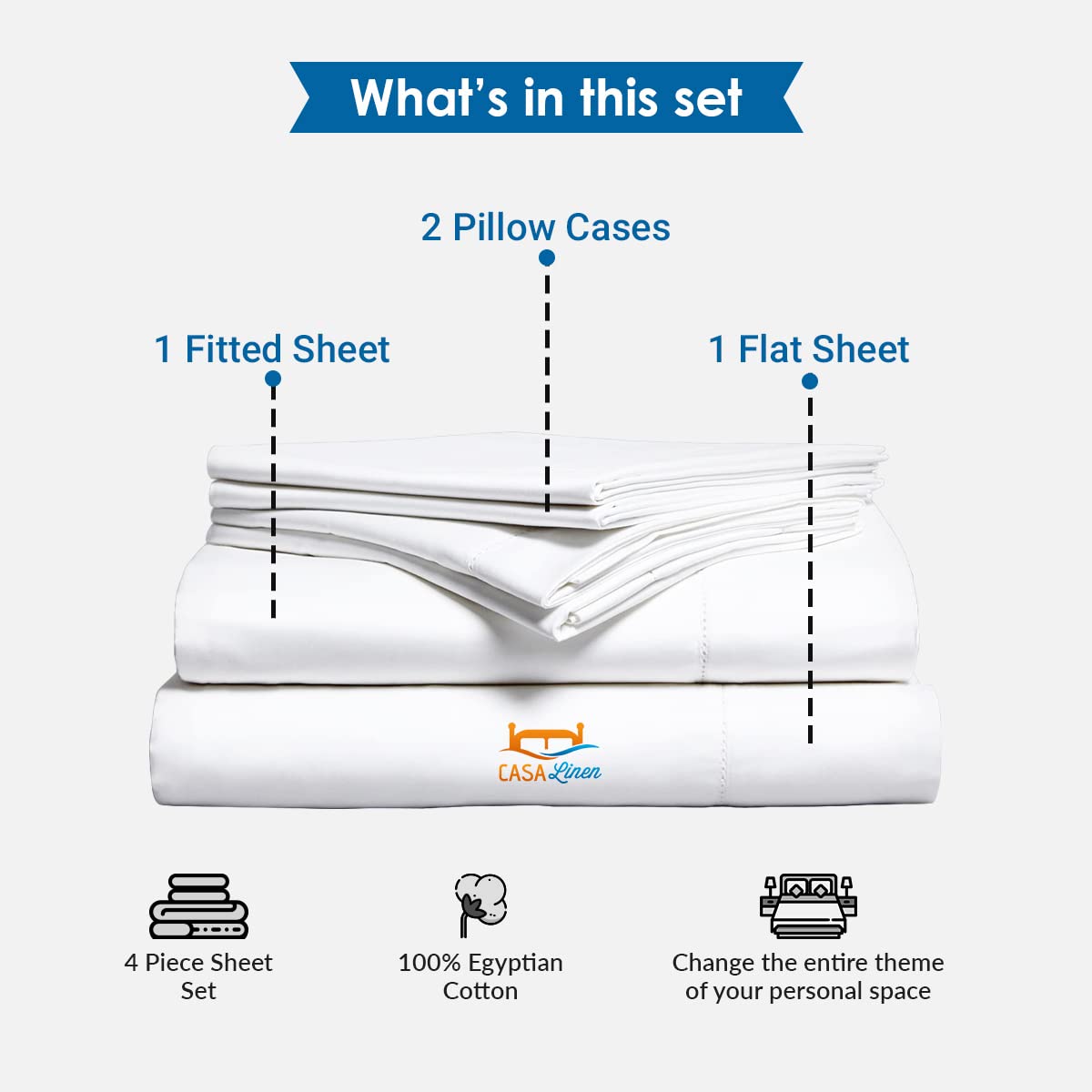 JS Sanders Collection 600TC 100% Cotton Split King Sheets for Sleep Number & Adjustable Beds - 4 Piece Set with 18