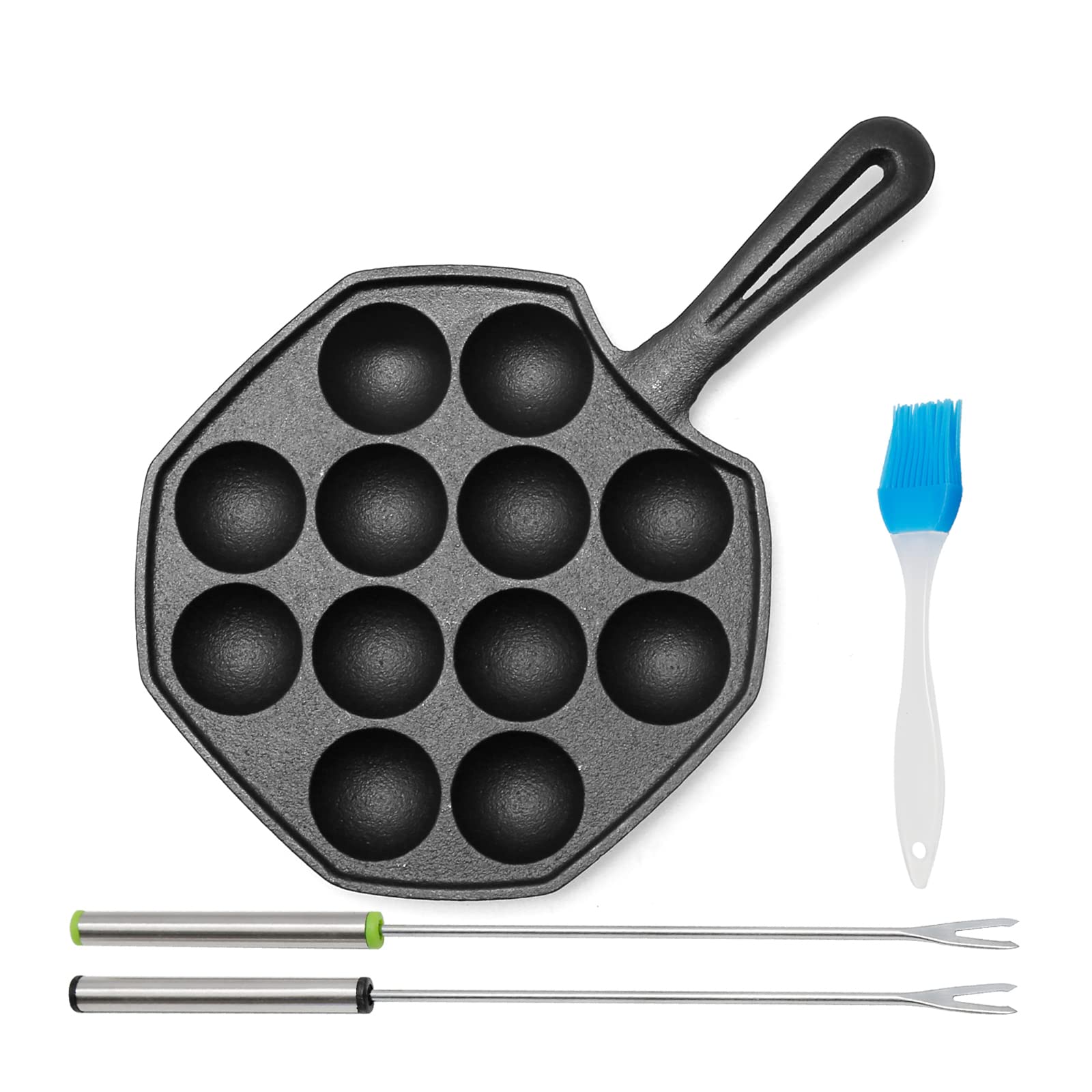 Cast Iron Takoyaki Pan - 12 Hole Heavy Duty Square Griddle for Japanese Octopus Balls, 1.5