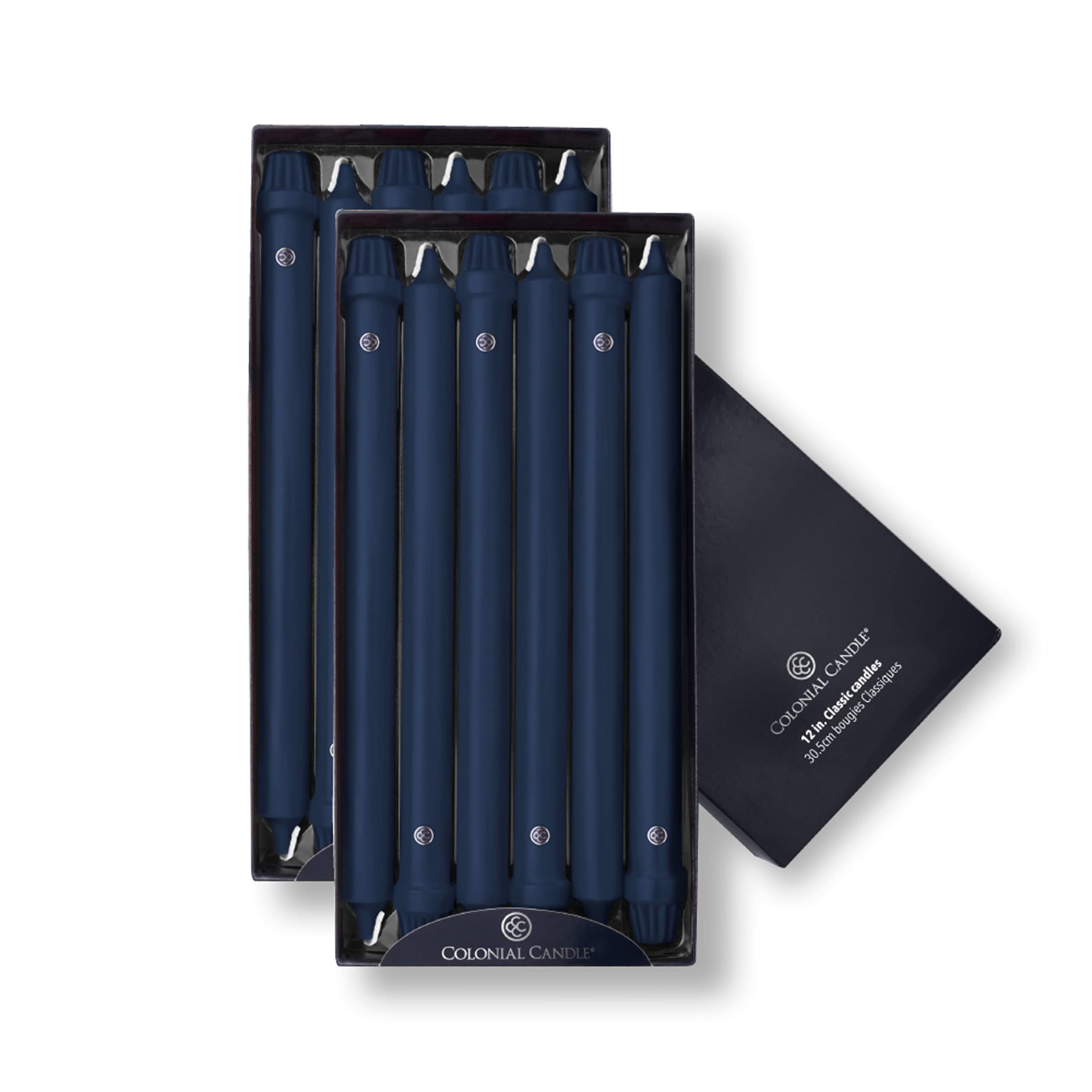 Colonial Candle Unscented Taper Candles - Classic Collection Indigo (12-Inch, Pack of 12) - 10-Hour Burn Time for Dining, Weddings & Home Decor