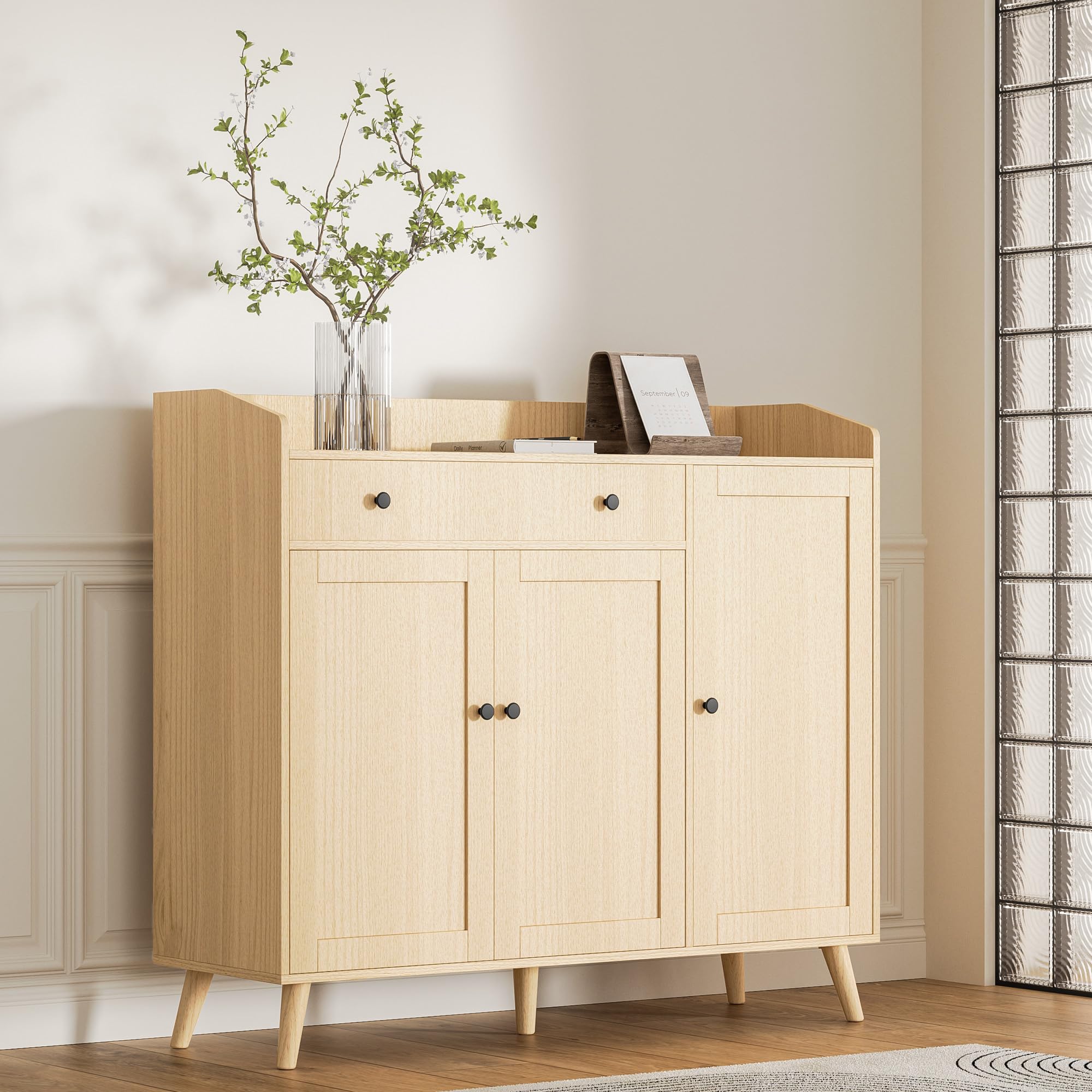 **Oak Shoe Storage Cabinet for Up to Size 16 - Wooden Shoe Organizer with Doors & Drawer - Entryway, Closet, or Bedroom Shoe Storage Solution**