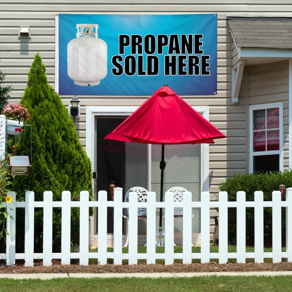 Vinyl Banner - Propane Sold Here Sign - Weatherproof Outdoor Advertising Banner for Business, Yard, Industrial Use - Multiple Sizes (60x144 Inches) with 10 Grommets - Perfect for Gas Stations, Construction Sites & Retail Promotions