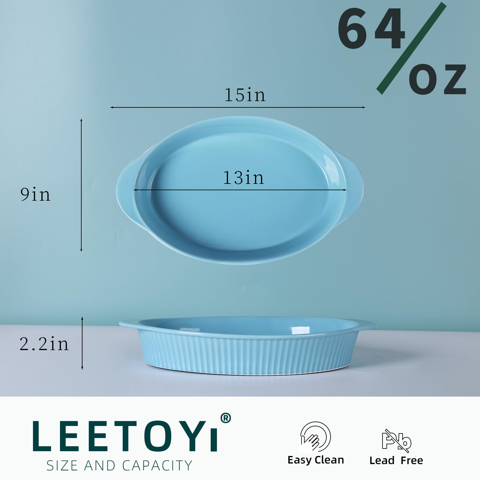 LEETOYI 9x13 Inch Large Oval Porcelain Au Gratin Baking Dish - Double Handle Oven Safe Bakeware for Casseroles, Lasagna, Mac & Cheese - Turquoise Kitchen & Home Dinnerware for Entertaining & Family Meals