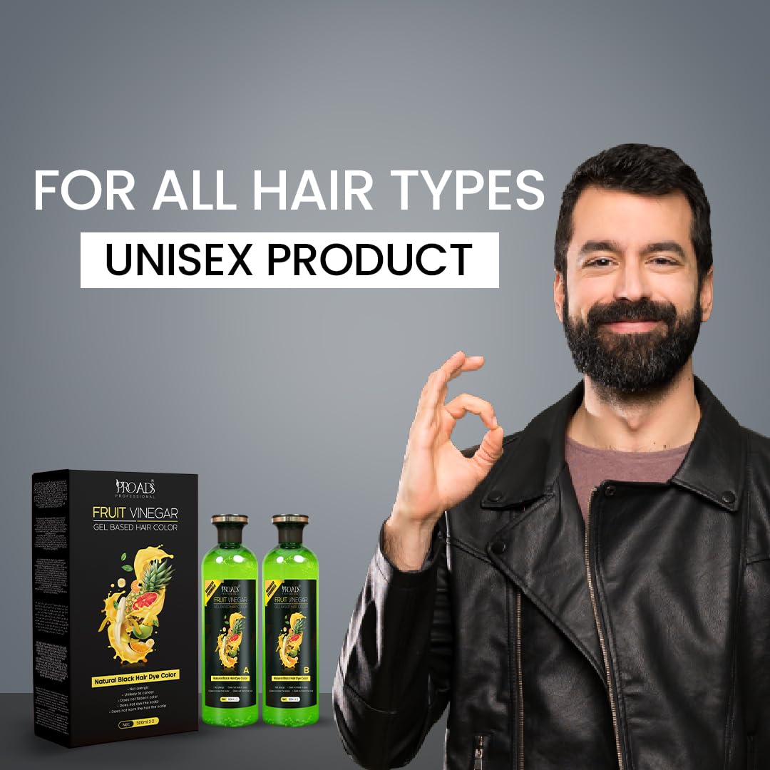PRO ADS Proads Ammonia-Free Fruit Vinegar Hair Dye Gel - Natural Black Color for Men & Women | 10-Minute Instant Hair Coloring | 1000ml | Perfect for Home Use, Salon Styling & Quick Touch-Ups
