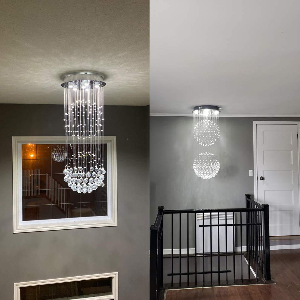 Modern 2-Ball Raindrop Crystal Chandelier - Flush Mount Cylinder Ceiling Light Fixture for Dining Room, Living Room, Kitchen, Foyer, Hallway & Bar | Elegant Lighting Solution for Home & Commercial Spaces | CRYSTOP