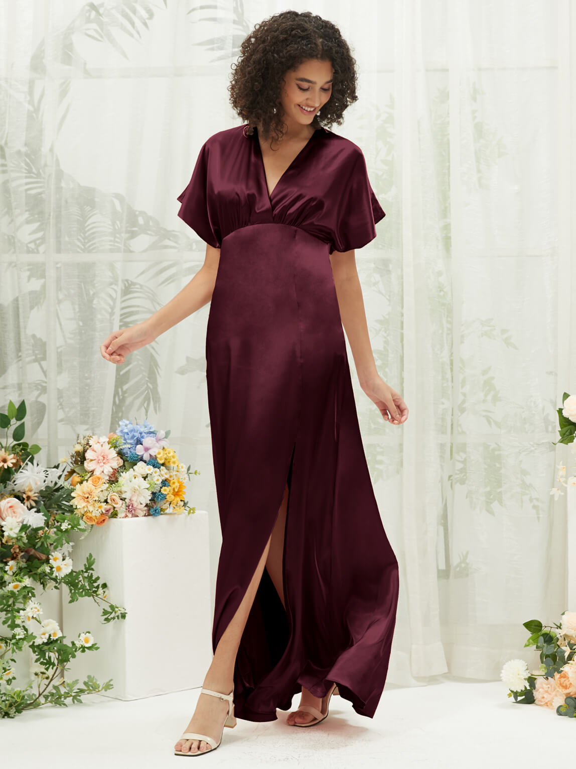Elegant Cabernet V-Neck Short Sleeve Satin Maxi Bridesmaid Dress with High Slit - Perfect for Weddings, Formal Events & Evening Parties