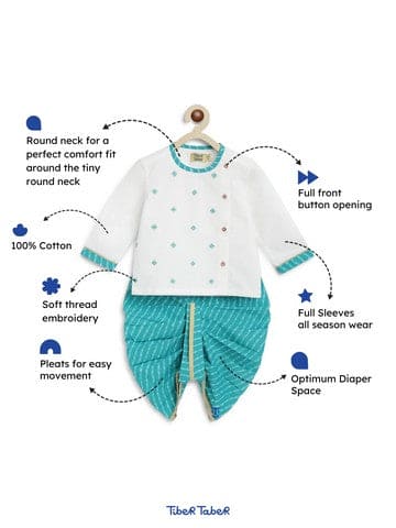 Baby Boy Leheria Embroidered Cotton Dhoti Kurta Set - Blue | Traditional Indian Ethnic Wear for Festivals & Special Occasions