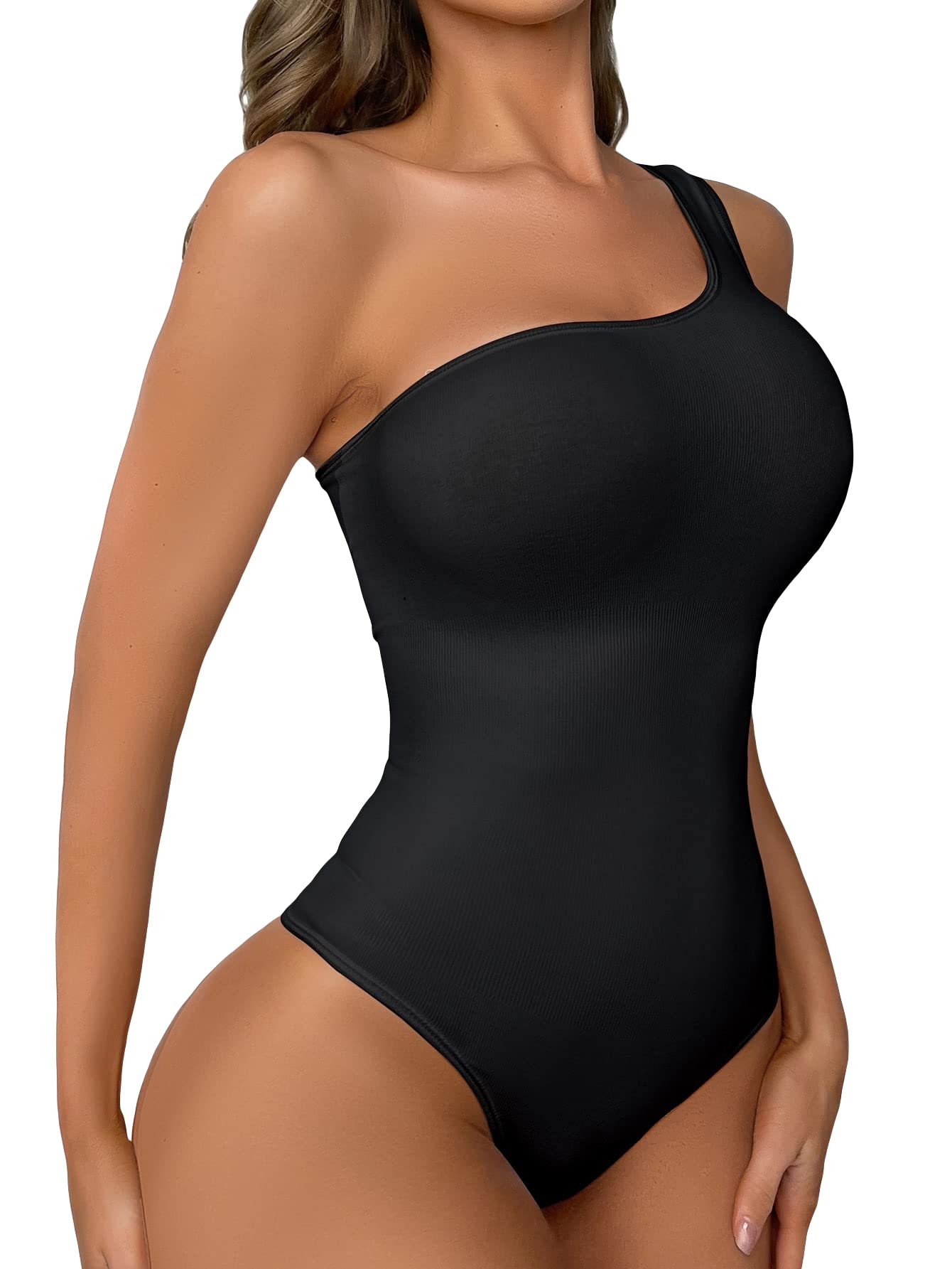 SOLY HUX Women's One Shoulder Bodysuit - Tummy Control Shapewear, Seamless Thong Body Shaper for Slimming & Smoothing - Perfect for Dresses, Evening Wear & Special Occasions
