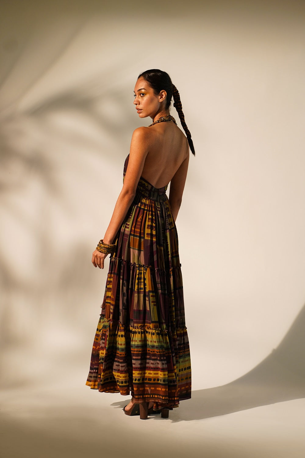 Stylish Multicolor Abstract Print Maxi Dress with Hand Baroque Metallic Embellishment - Perfect for Evening Parties, Weddings & Special Occasions