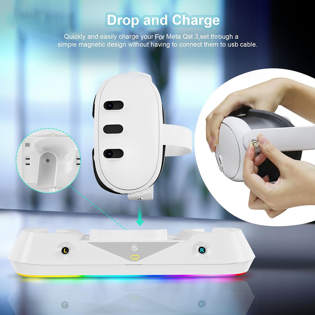 ALINUOYQ Fast Charging Dock Compatible with Meta/Oculus Quest 3 - RGB Light Magnetic Charging Station for Quest 3 Headset & Controllers - Includes Rechargeable Battery - Perfect for VR Gaming & Entertainment Setup