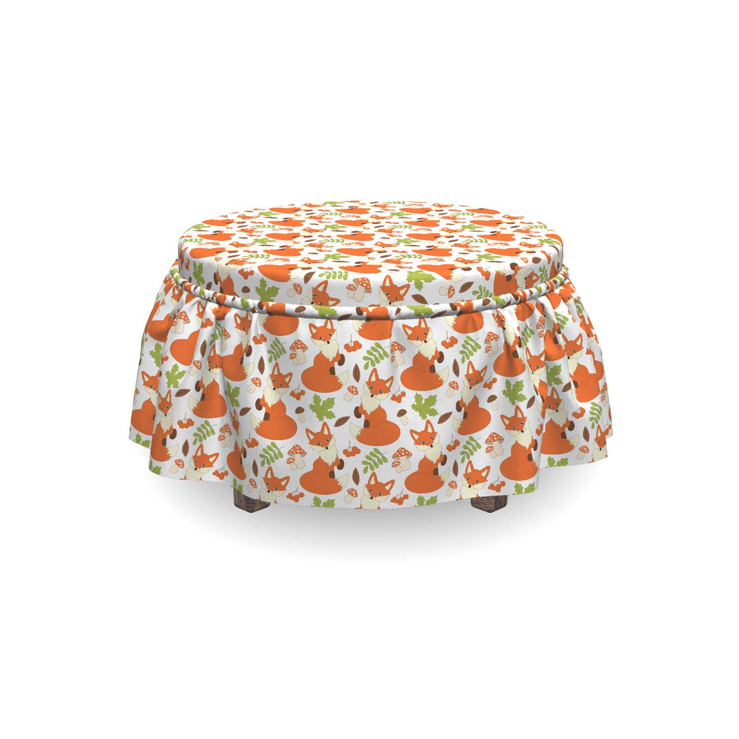 Ambesonne Fox Ottoman Cover 2-Piece Set - Forest Fauna & Flora Slipcover with Ruffle Skirt for Square/Round Footstools - Brown, Orange & Apple Green Home Decor - Perfect for Living Room, Bedroom or Nursery Accent