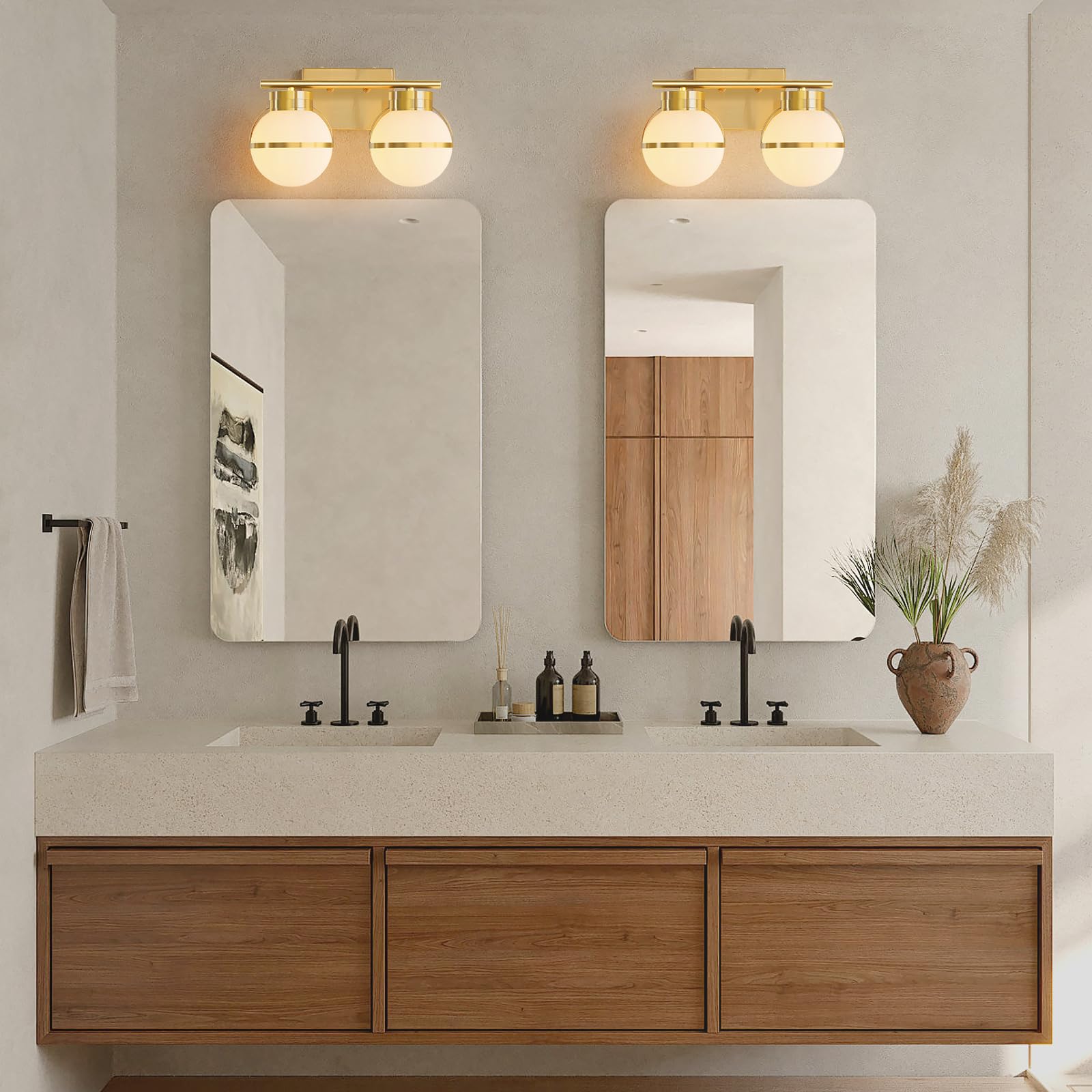 Gold Bathroom Vanity Light Fixture - 2 Light Modern Vanity Lighting with Frosted Glass Shades & Metal Base (15.2 inch) - Perfect for Bathroom, Powder Room & Dressing Area - Excludes E26 Bulb