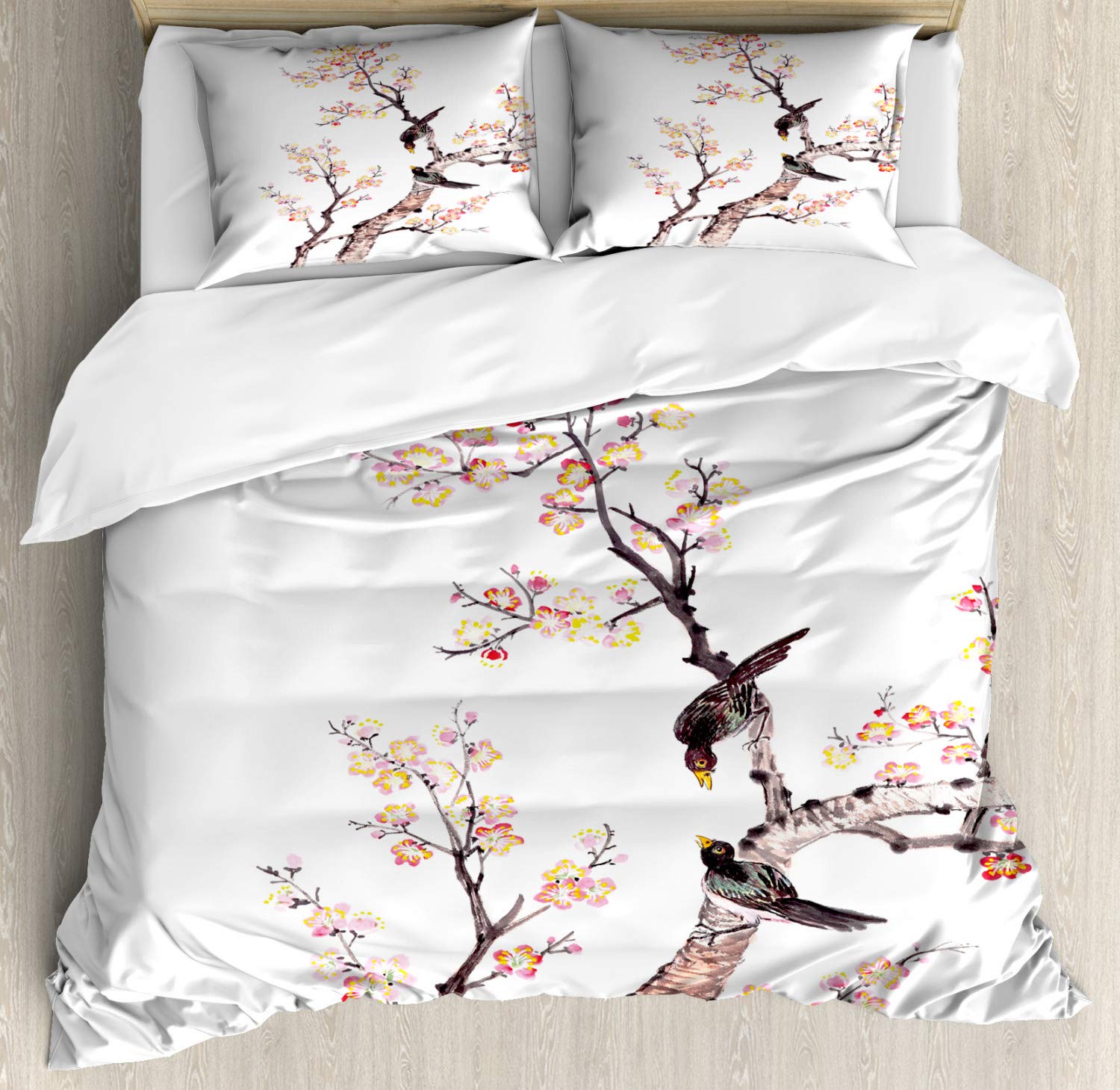 Ambesonne Traditional Chinese Plum Blossom & Birds Floral Duvet Cover Set - Queen Size 2-Pack with 4 Pillowcases - Pale Yellow Brown Asian-Inspired Bedding for Master Bedroom & Guest Room Decor