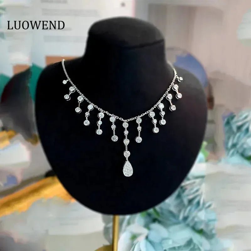 18K White Gold Tassel Necklace with Real Natural Diamond Pendant - Luxury Women's Jewelry for Parties, Weddings & Special Occasions