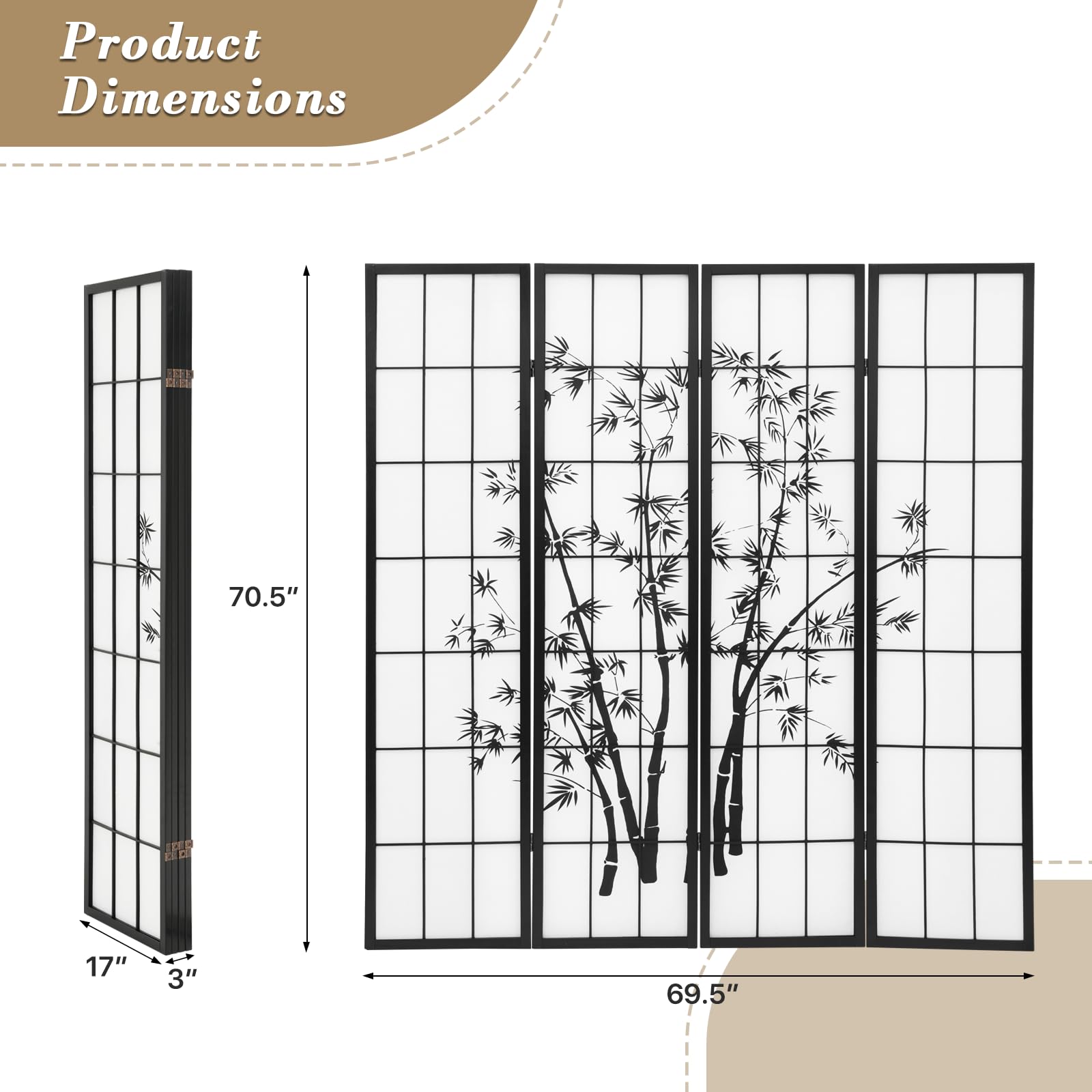 Athena Collection 4 Panel Bamboo Room Divider - 5.9ft Japanese Style Folding Privacy Screen, Freestanding Wood Partition for Bedroom, Home Office & Living Room - Black | Perfect for Space Separation & Home Decor