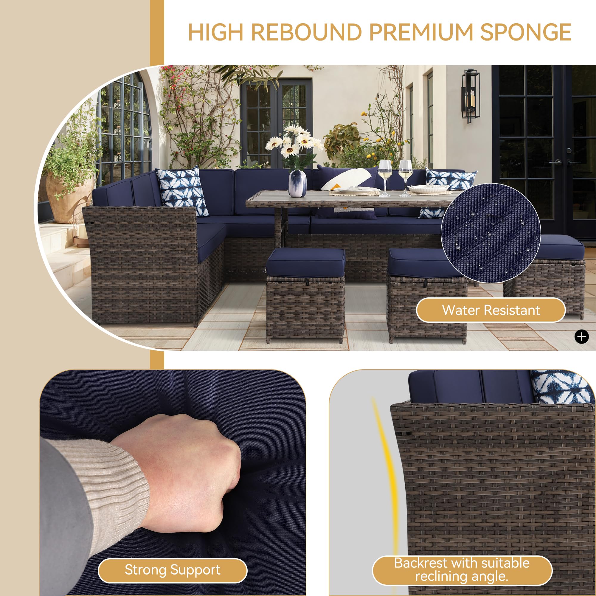 7-Piece All-Weather Outdoor Patio Furniture Set - Wicker Dining Table with Loveseat & Ottoman for Backyard, Garden, Poolside (Weather-Resistant & Durable)