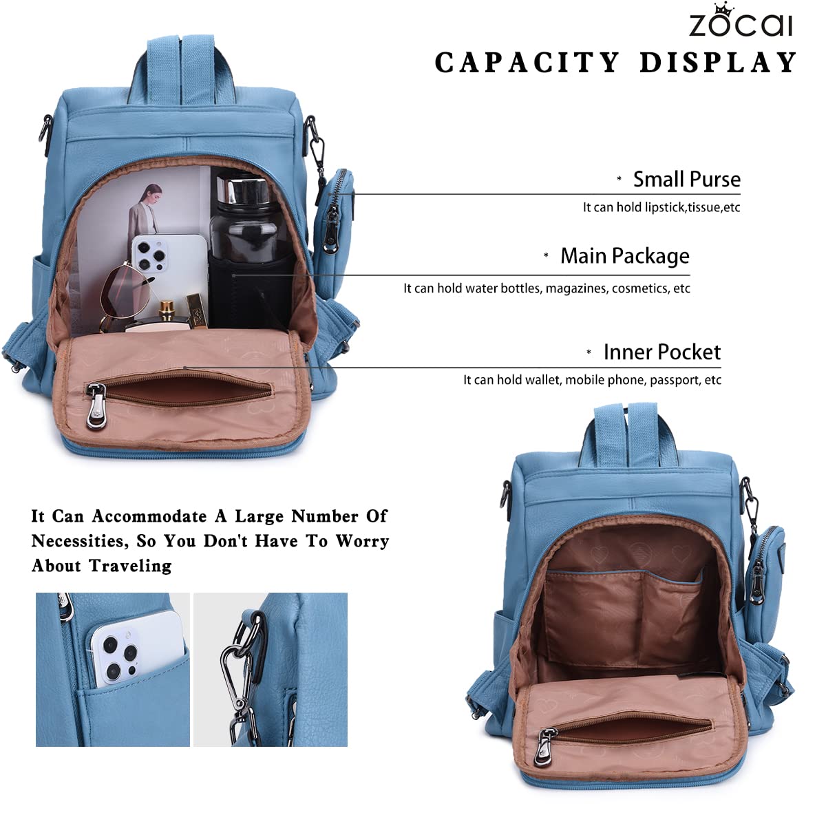 ZOCAI Women's Fashion Backpack Purse - PU Leather Anti-Theft Shoulder Bag Satchel Daypack for Work, Travel & Daily Use