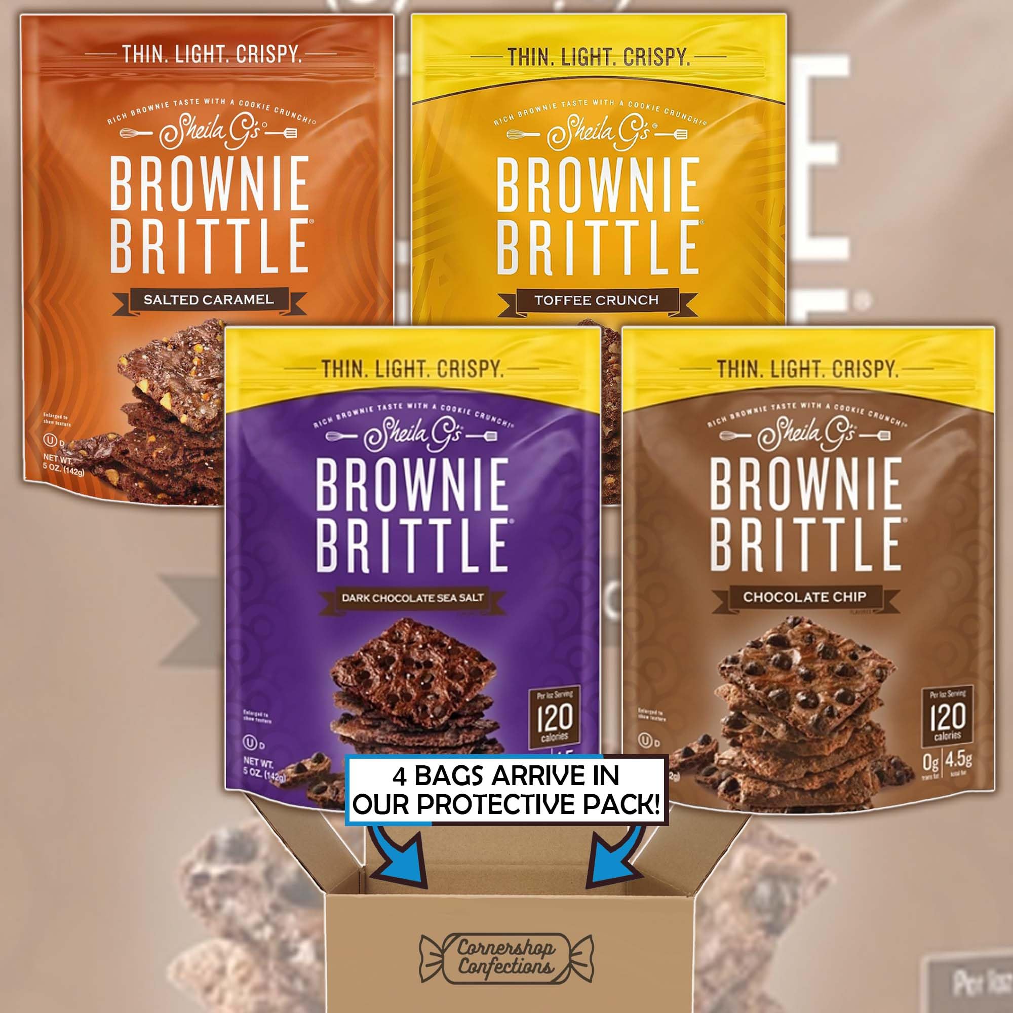 Sheila.G's Brownie Brittle Variety Pack - 4 Delicious Flavors (Salted Caramel, Toffee Crunch, Chocolate Chip, Dark Chocolate Sea Salt) - 5oz Resealable Bags - Perfect for Snacking, Gifts & Parties - Cornershop Confections