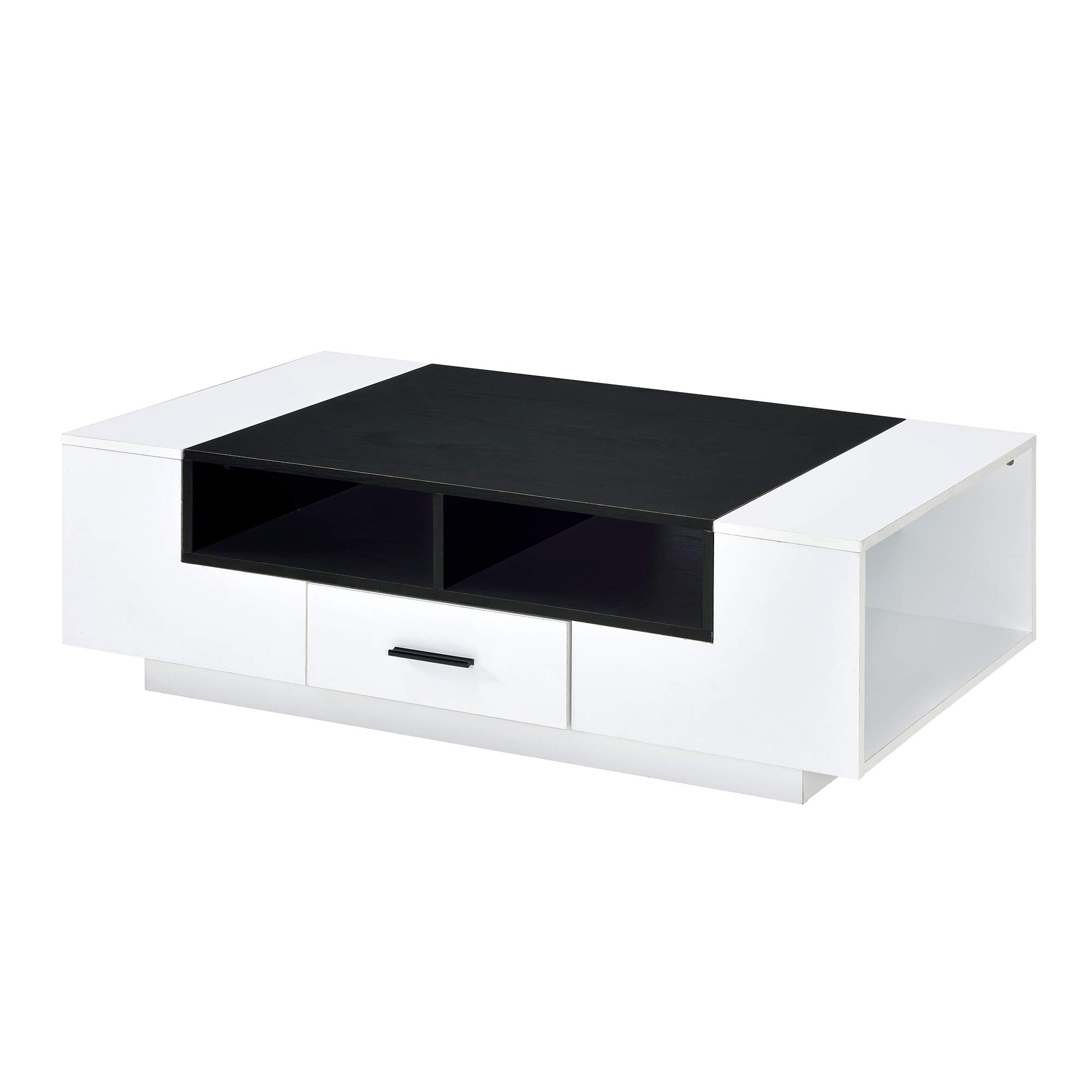 Benjara Modern White and Black Coffee Table with Drawer & Open Storage Shelf - Perfect for Living Room, Office, or Lounge Area