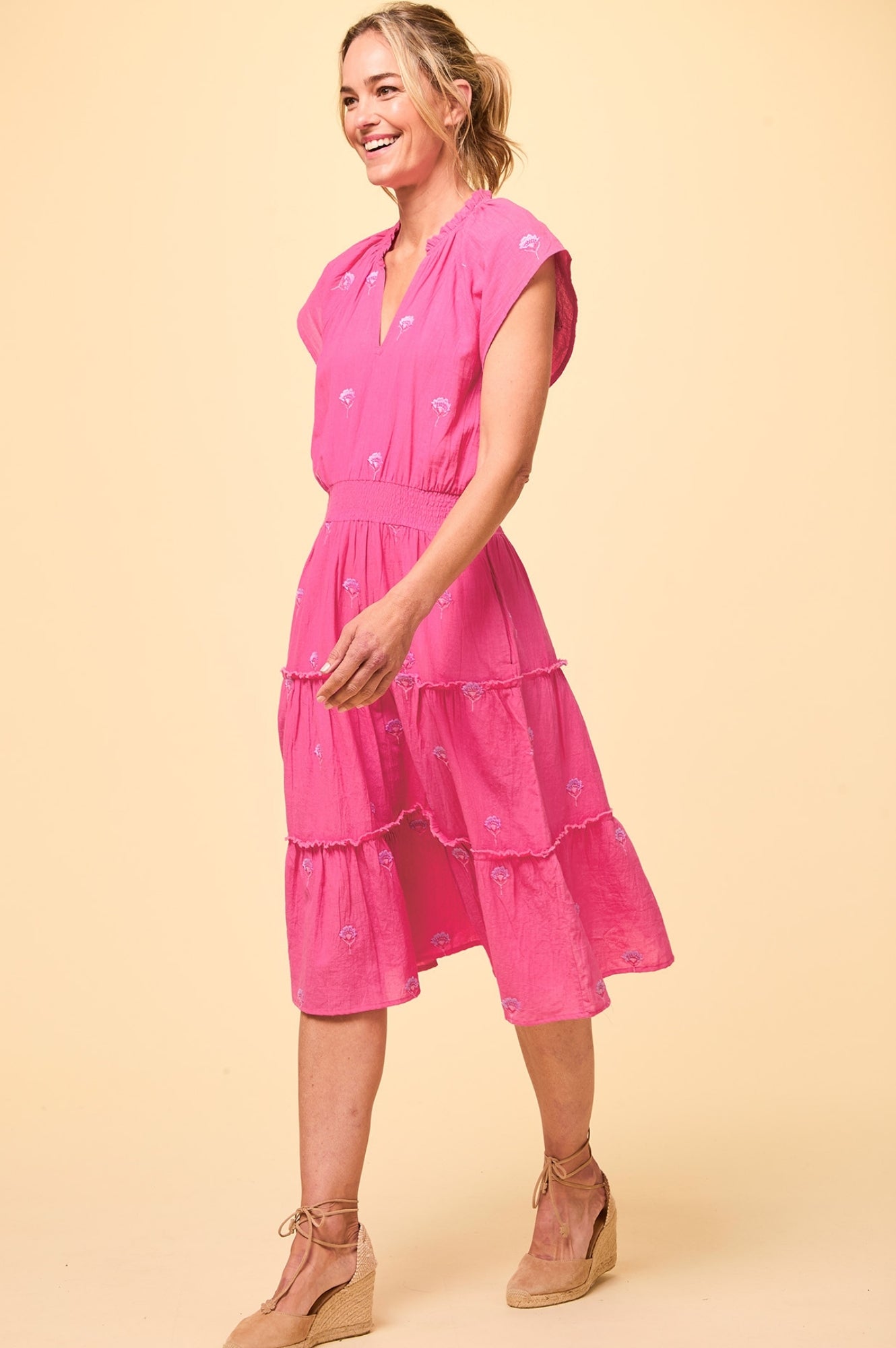 Riley Embroidered Organic Cotton Dress - Strawberry Pink & Lilac Floral Summer Dress for Women | Perfect for Beach Vacations, Garden Parties & Casual Outings