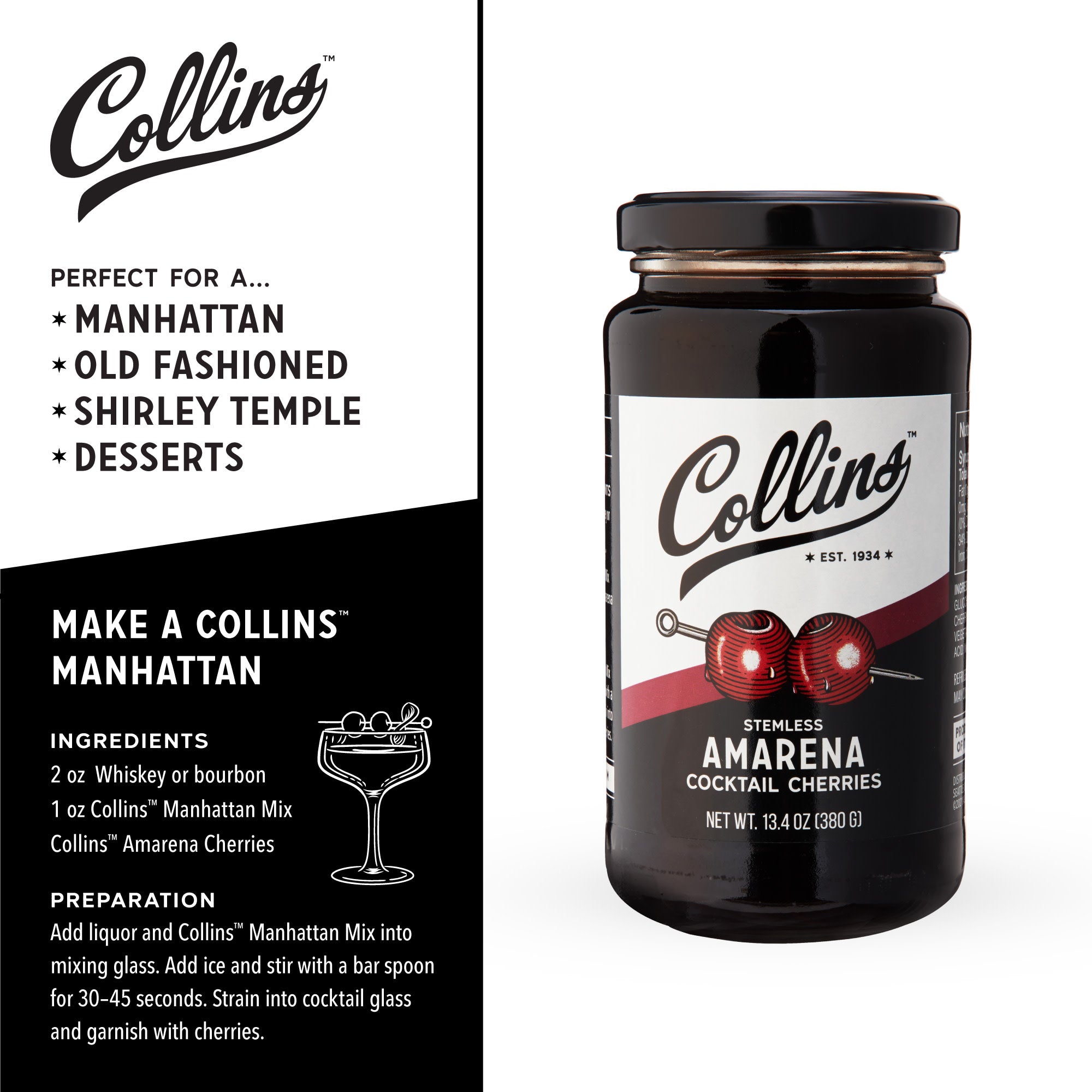 Premium Stemless Amarena Cherries 13.4 oz Jar - Sweet Italian Cocktail Cherries for Desserts, Drinks & Gourmet Recipes