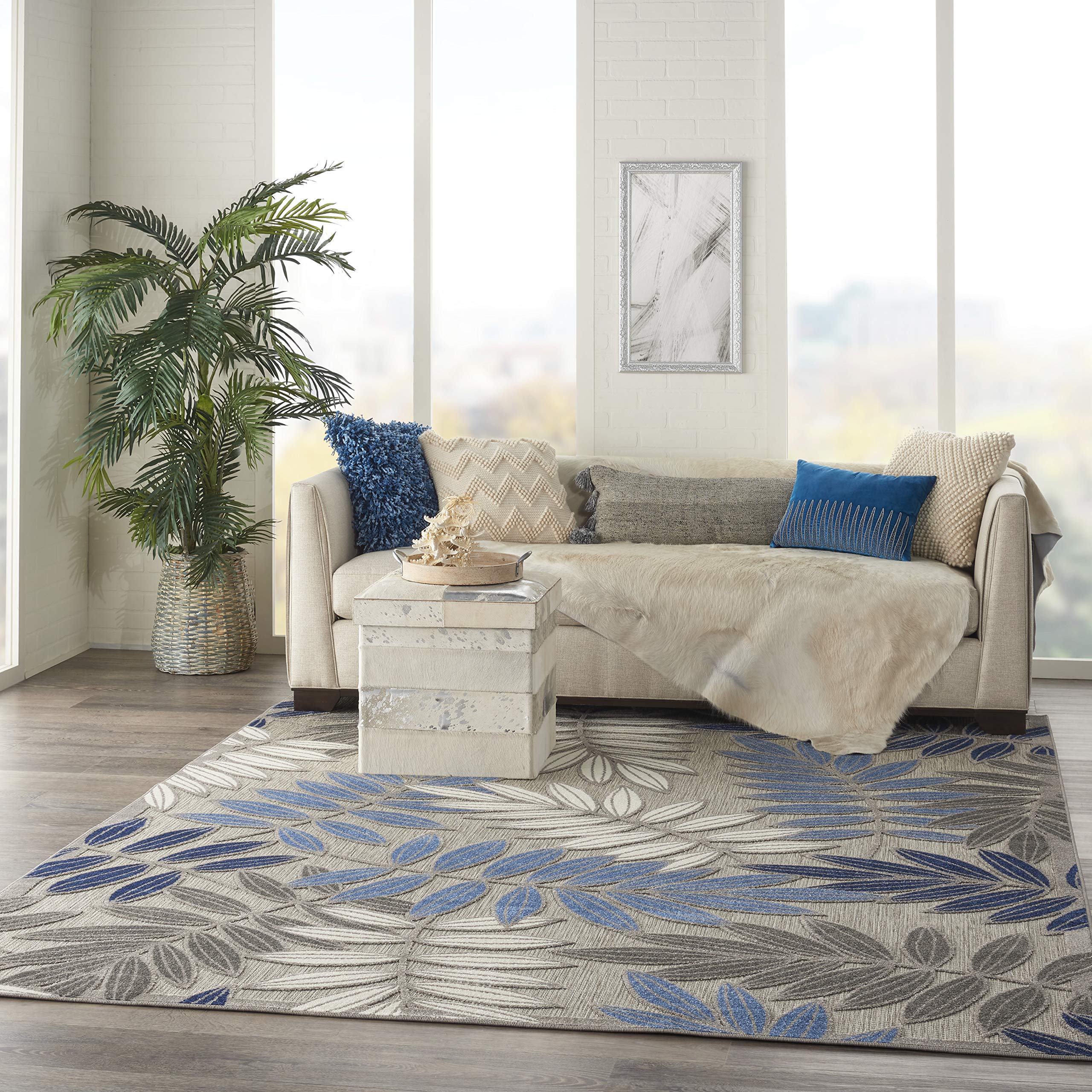 Nourison Aloha Indoor/Outdoor 7' x 10' Area Rug - Soft Grey & Blue Design, Easy to Clean, Non-Shedding, Stain Resistant - Perfect for Bedroom, Living Room, Dining Room, Backyard, Deck & Patio (7x10)