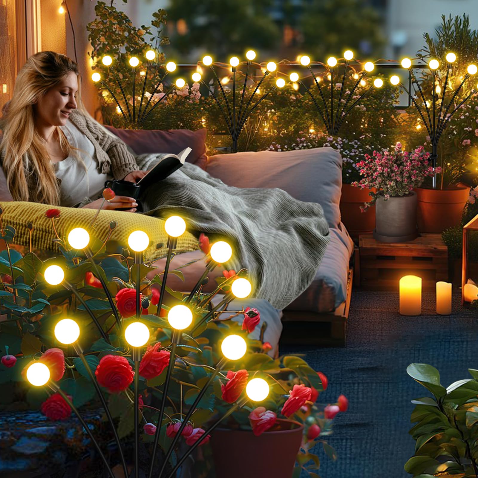 4 Pack Solar Firefly Lights Outdoor - Waterproof Swaying Solar Garden Lights for Yard, Patio, Pathway & Lawn - Perfect Gardening Gifts for Women & Christmas Decoration - Ideal for Backyard, Garden Party & Holiday Lighting