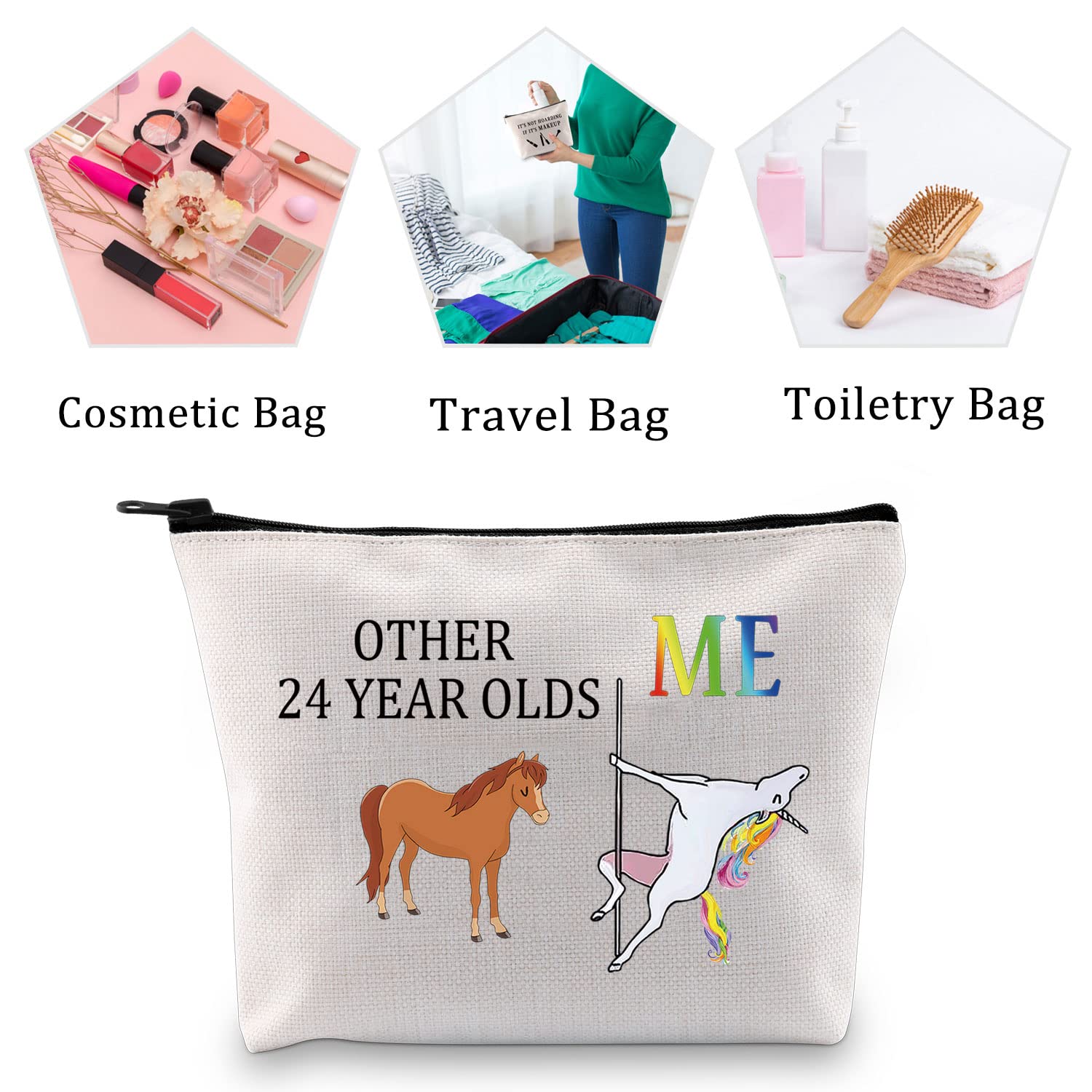 24th Birthday Gifts for Women - Funny Unicorn Makeup Cosmetic Bag for 24 Year Old | Unique Turning 24 Present for Her | Perfect for Travel, College Dorm & Birthday Parties