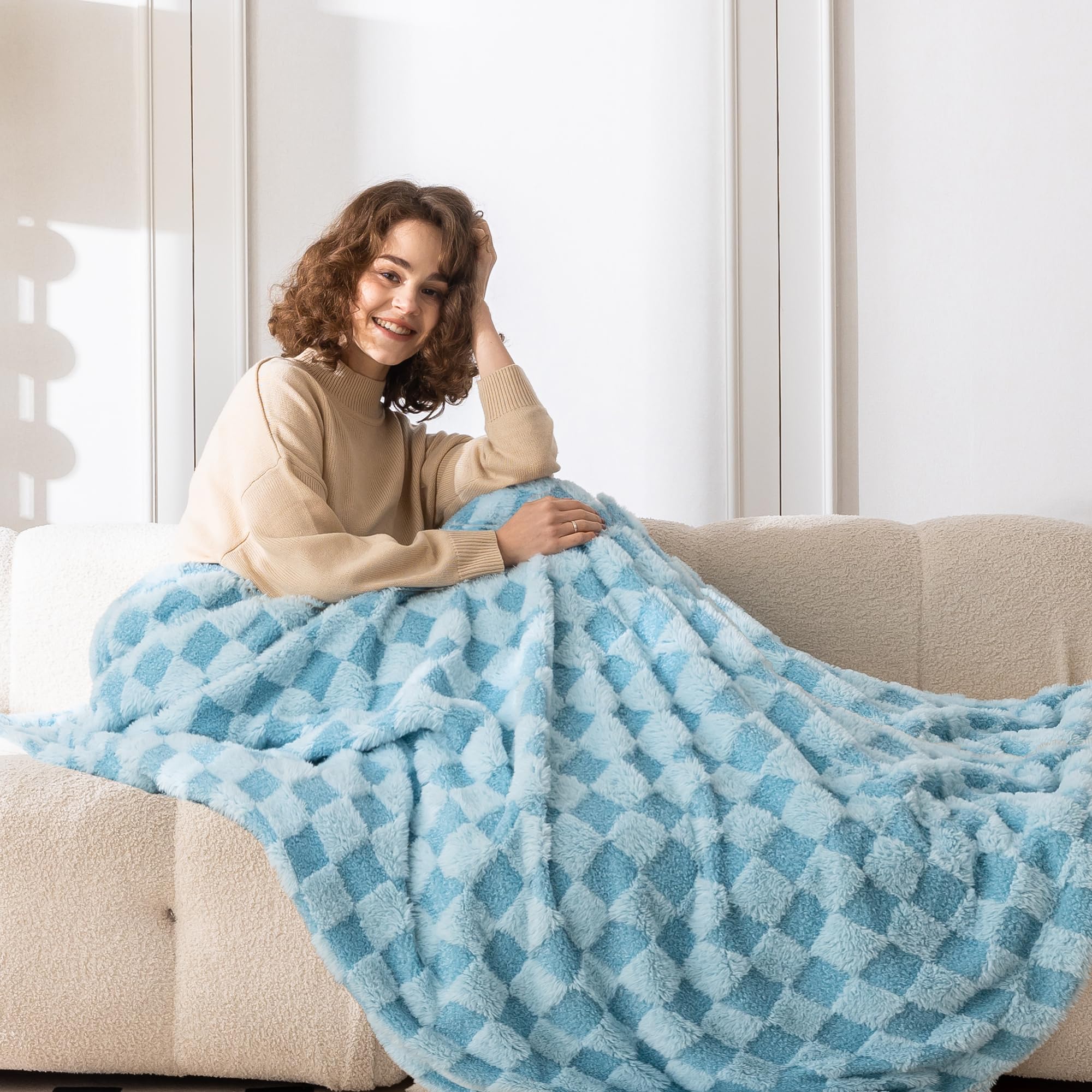 Checkered Faux Fur Throw Blanket - Ultra Soft & Warm Fleece Blanket for Couch, Bed, Chair - Perfect for Camping, Travel, Picnics & Home Decor - Baby Blue 50x60 Inches