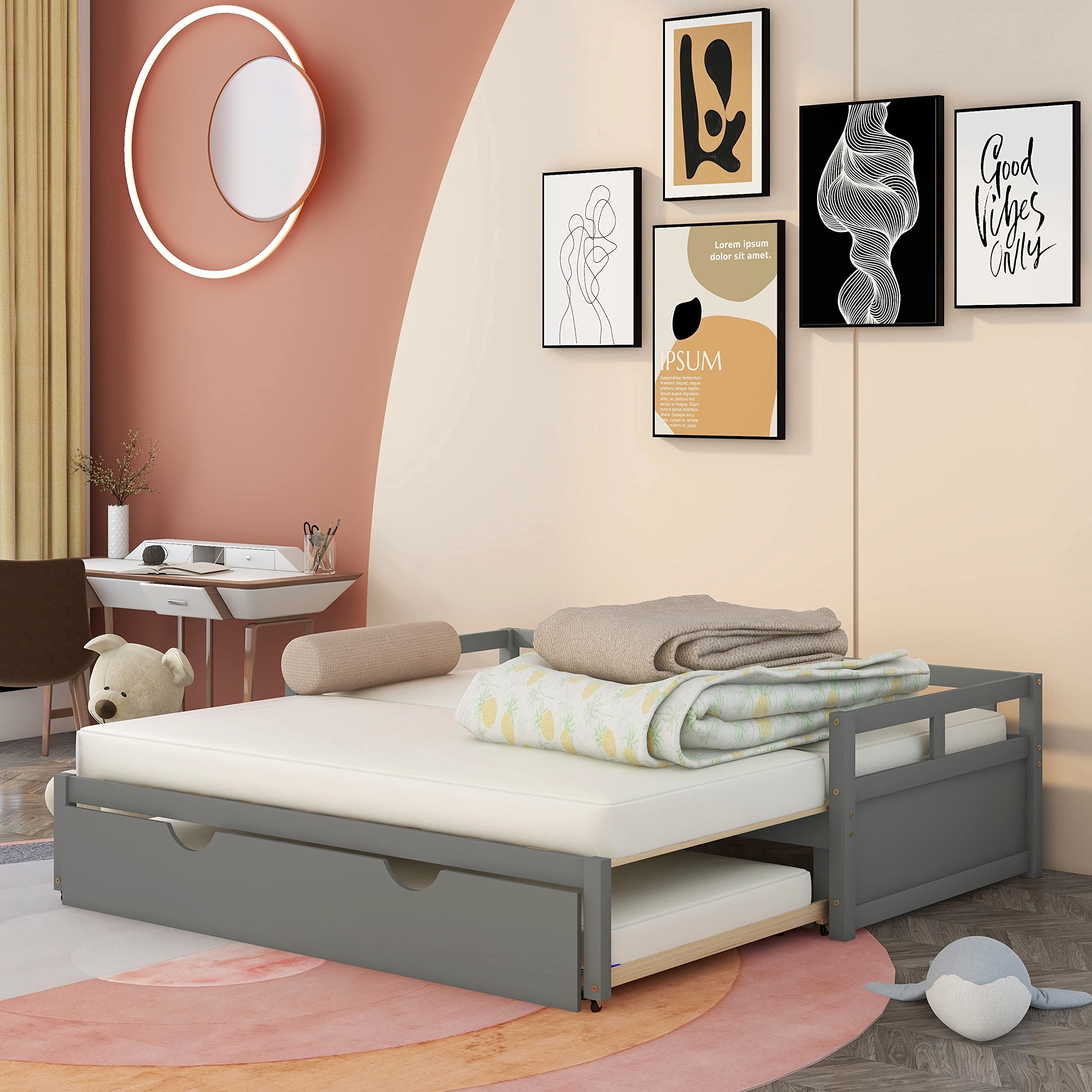 Solid Wood Twin Size Daybed with Pop-Up Trundle - Expandable Pull-Out Bed Frame in Gray | Perfect for Guest Rooms, Small Spaces & Multi-Functional Furniture Needs