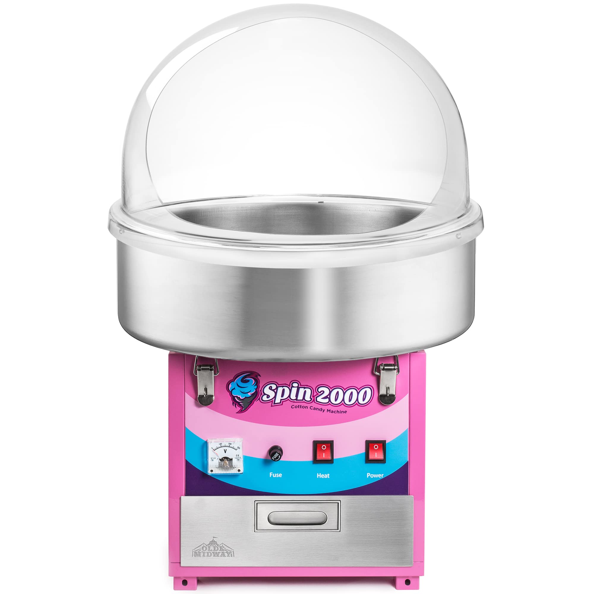 Olde Midway Commercial Cotton Candy Machine with Bubble Shield - SPIN 2000 Electric Candy Floss Maker for Parties, Carnivals & Events - Heavy Duty Stainless Steel Candy Floss Machine for Home & Business Use
