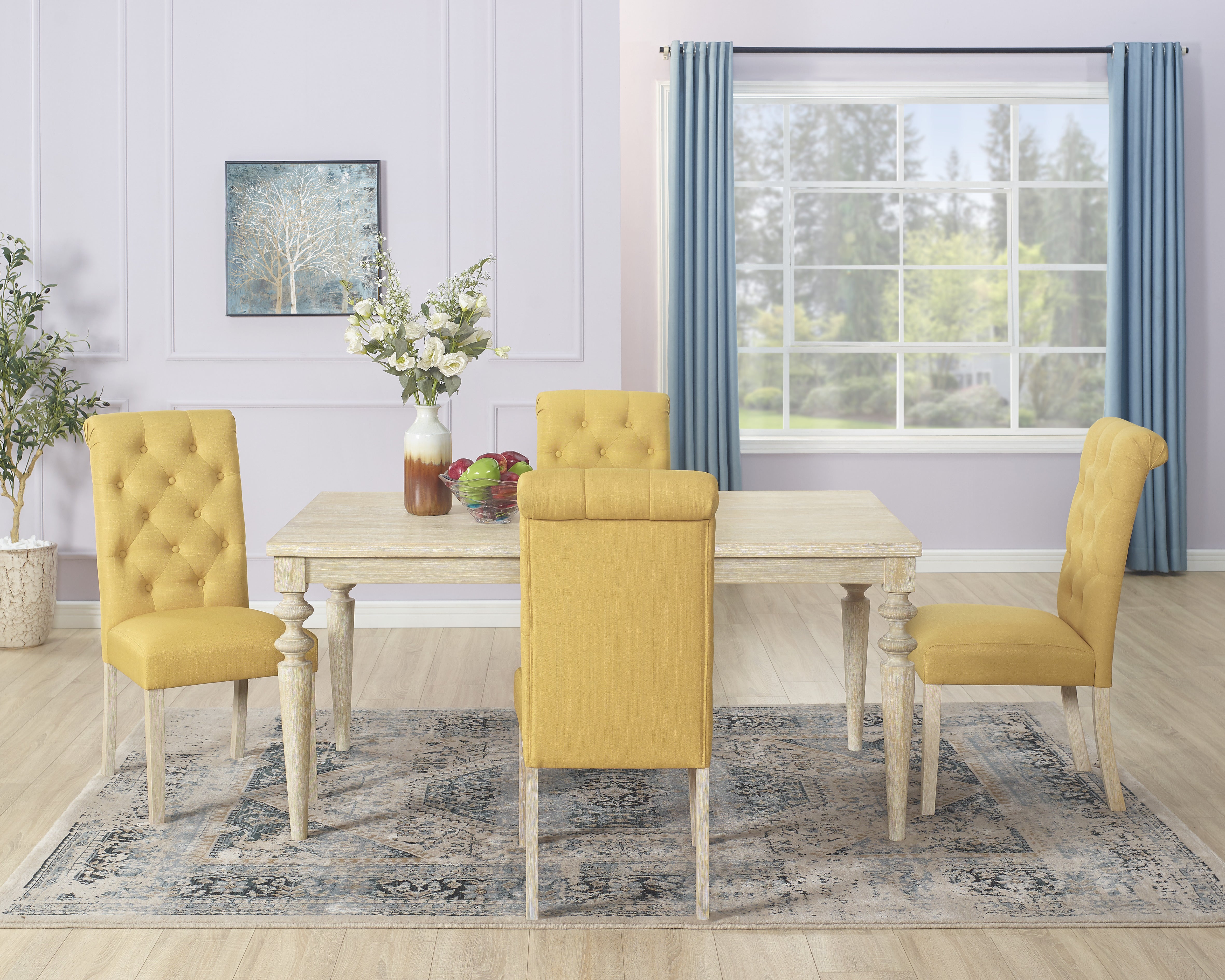 Roundhill Furniture Amonia 5-Piece Dining Set - Turned Leg Dining Table with 4 Tufted Upholstered Chairs for Kitchen, Dining Room, and Small Spaces