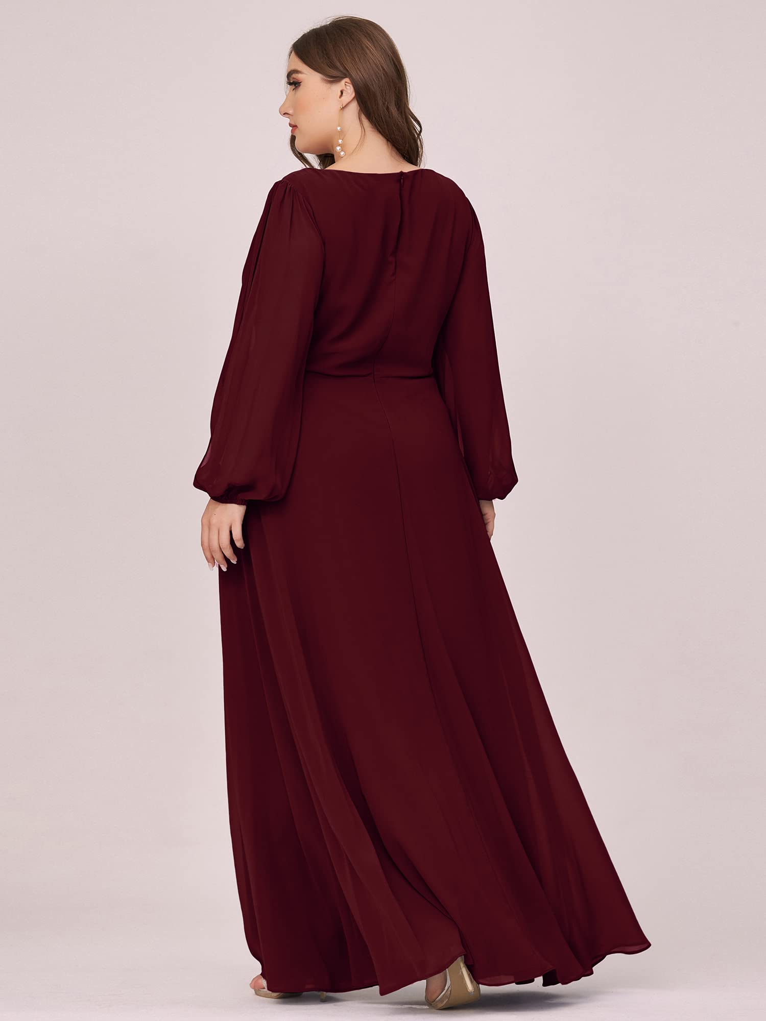 Ever-Pretty Plus Size Women's Formal Dress - V Neck Floor Length Floral Applique Lantern Sleeves Evening Gown for Curvy Women | Wedding Guest, Prom, Cocktail Party, Special Occasions