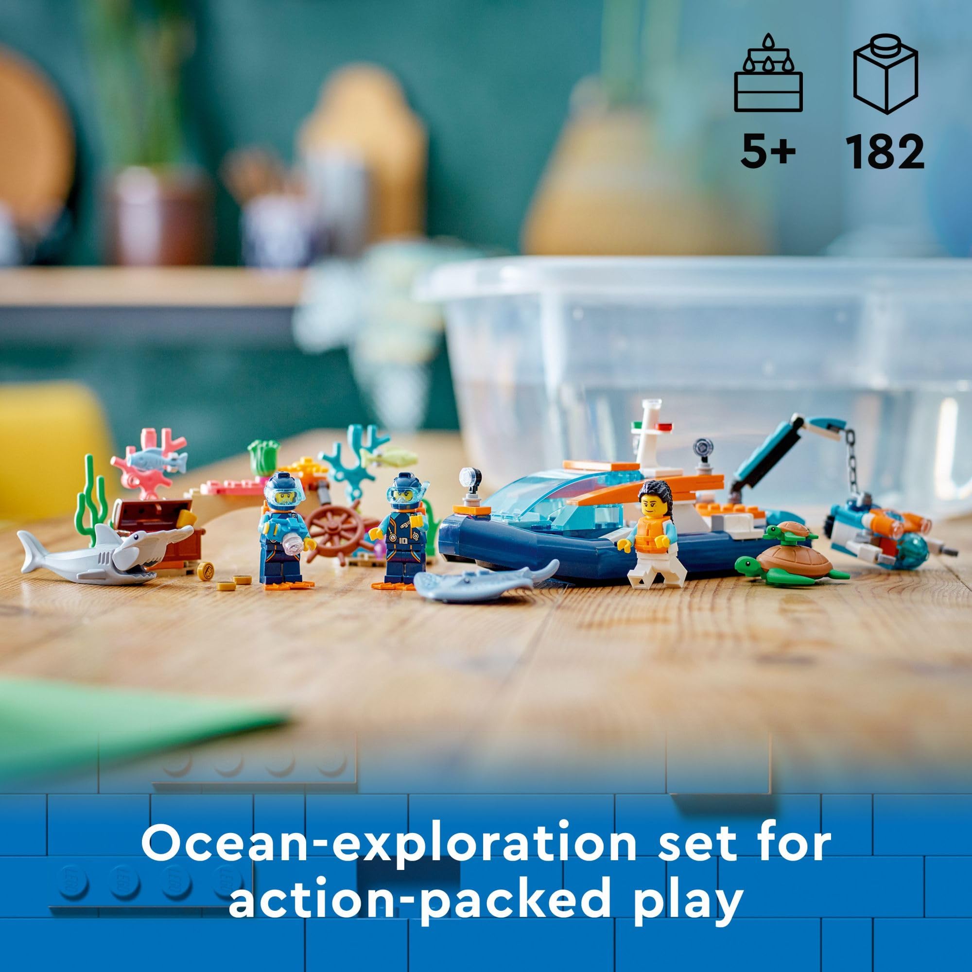 LEGO City Explorer Diving Boat 60377 - Ocean Adventure Building Toy Set with Mini-Submarine, 3 Minifigures & Sea Creatures (Shark, Manta Ray, Crab, Turtles, Fish) | Perfect for Underwater Exploration Play & STEM Learning