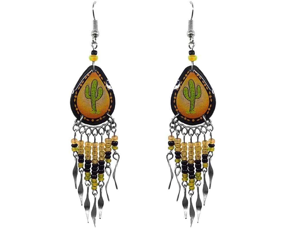 Handmade Boho Ceramic Teardrop Earrings with Long Beaded Metal Dangles - Women's Fashion Jewelry for Casual Wear, Festivals & Boho Chic Outfits