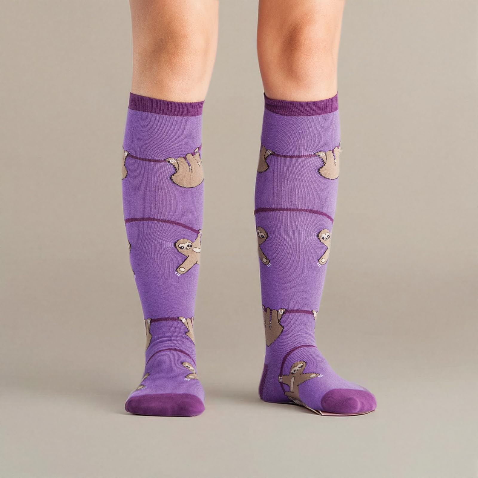 Sloth Print Knee High Socks for Women - Fun Purple Novelty Socks - Perfect for Costumes, Gifts & Everyday Wear