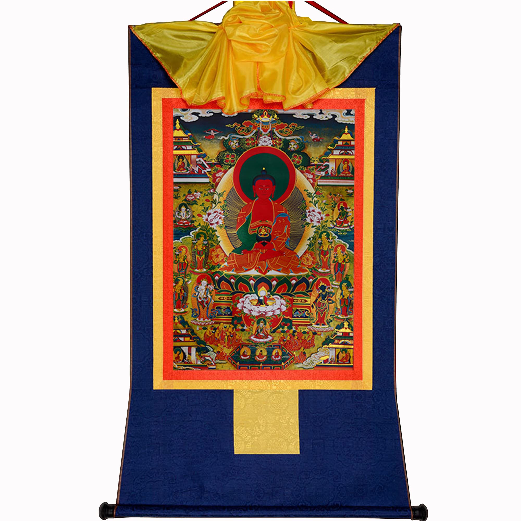 Amitabha Pure Land Thangka - Authentic Tibetan Buddhist Art Wall Hanging | Gold Stamped Buddha Tapestry for Meditation, Zen Decor & Spiritual Healing | Perfect for Home Altar, Yoga Studio & Mindfulness Practice