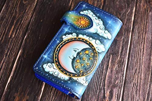Handmade 3D Genuine Leather Biker Wallet for Men - Custom Engraved Sun Moon Galaxy Design - Personalized Long Leather Wallet for Daily Use & Gift Giving