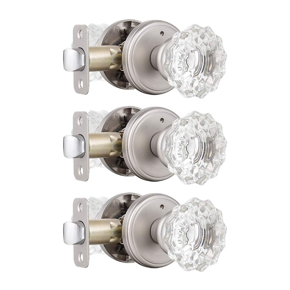Zoollooz Crystal Glass Door Knobs with Lock - 3 Pack Privacy Interior Door Handles for Bathroom & Bedroom in Satin Nickel Finish | Perfect for Home Renovation & Privacy Spaces