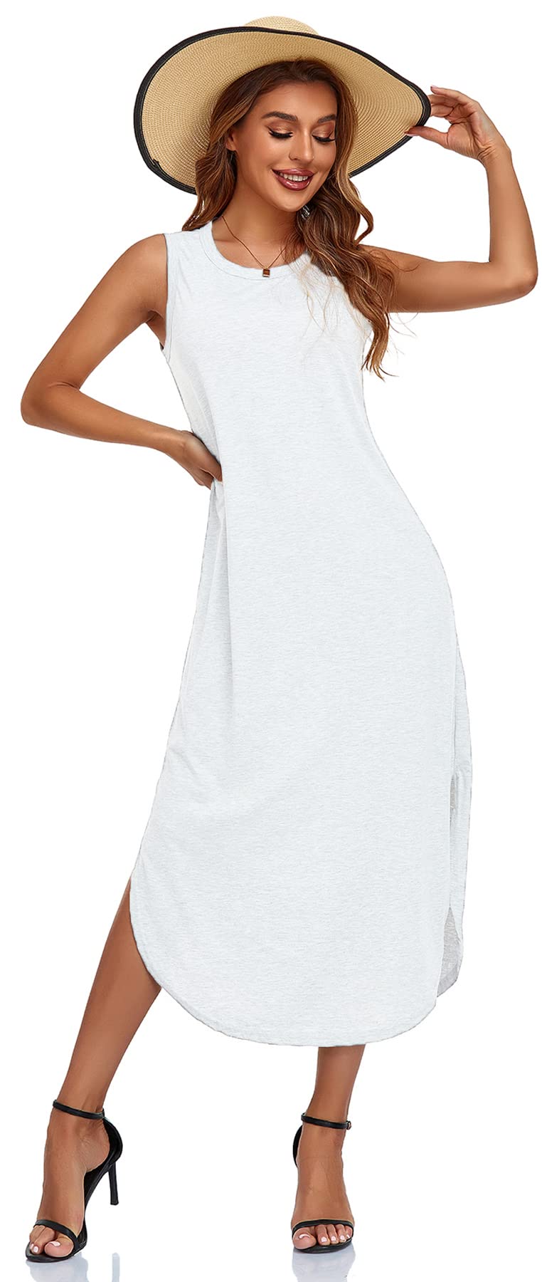Women's Sleeveless Graphic Print Long Sundress - Casual Beach Cover Up Dress with Pockets | Summer Vacation, Pool Party, Outdoor Date Outfit