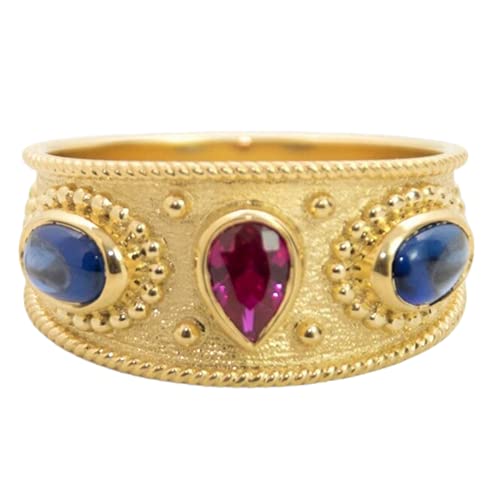 Blue Sapphire & Ruby Ring - 925 Sterling Silver Multi Gemstone Byzantine Style Antique Statement Ring - Gold Vermeil Jewelry Gift for Women - Perfect for Weddings, Parties & Special Occasions