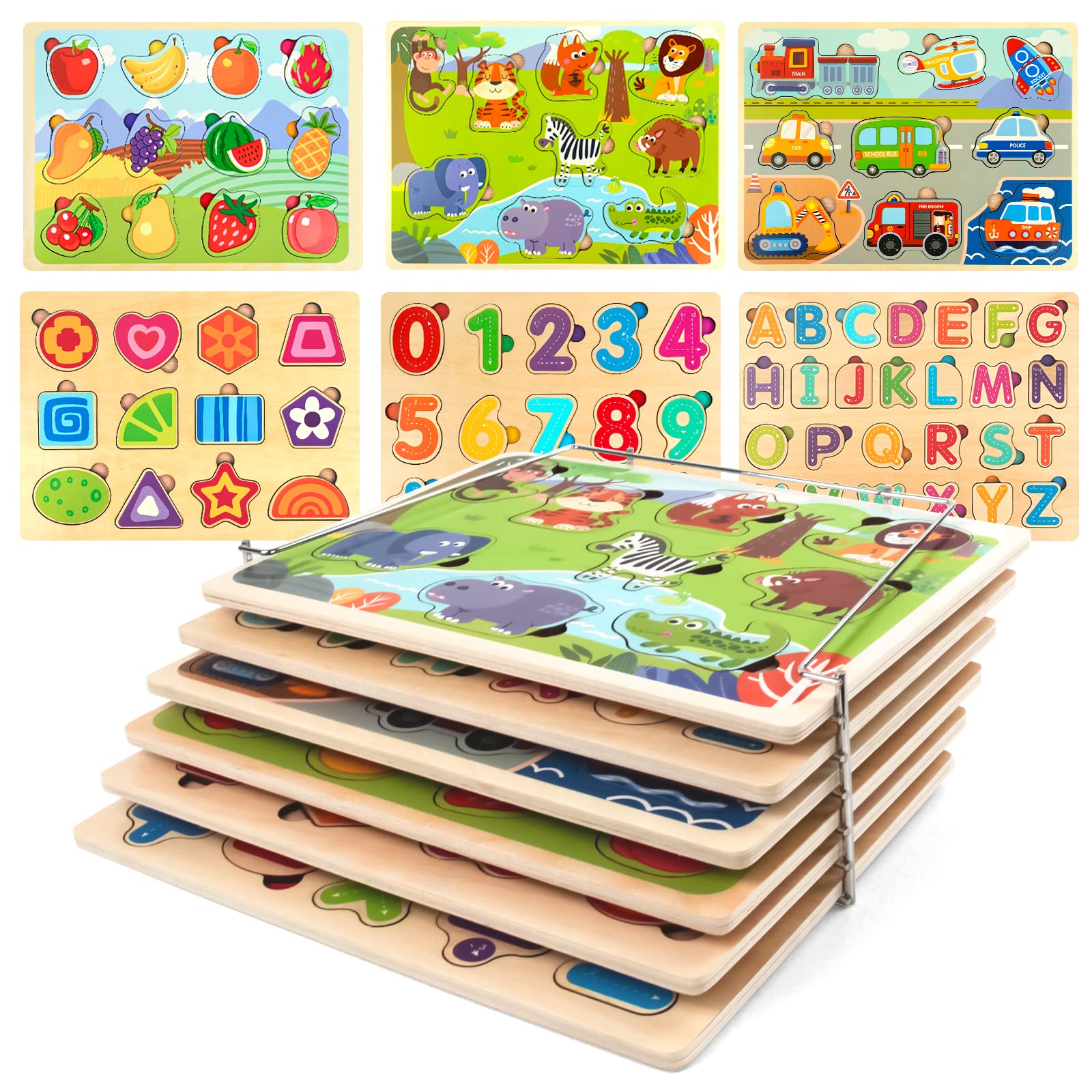 Wooden Puzzles for Toddlers 3-6 with Storage - 6 Pack for Preschool Learning | Playroom & Classroom Use