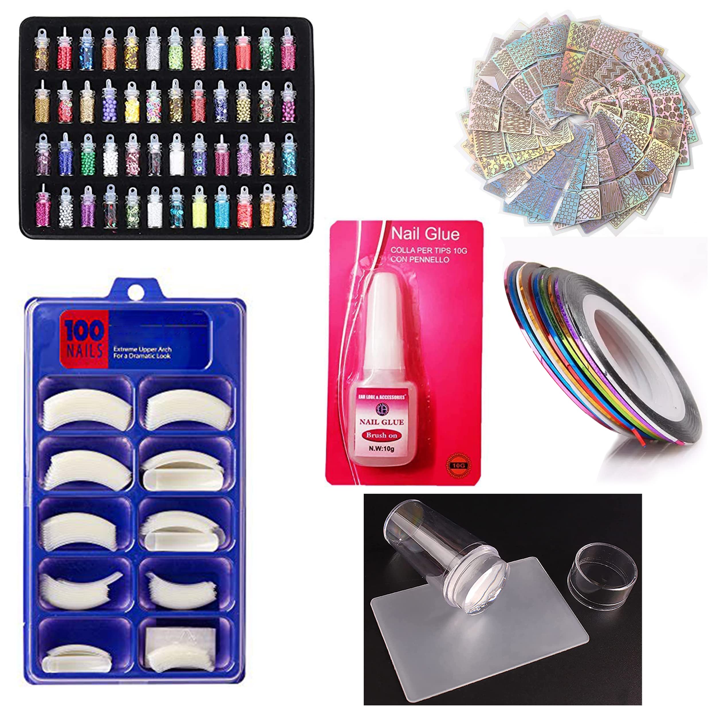 MAPPERZ 100 White Acrylic Nails Kit with 48 Jars Nail Glitter, 1 Nail Glue, 10 Self-Adhesive Nail Tapes, 144 Nail Art Stickers & Nail Stamp - Perfect for DIY Nail Art, Salon Professionals & Home Manicures