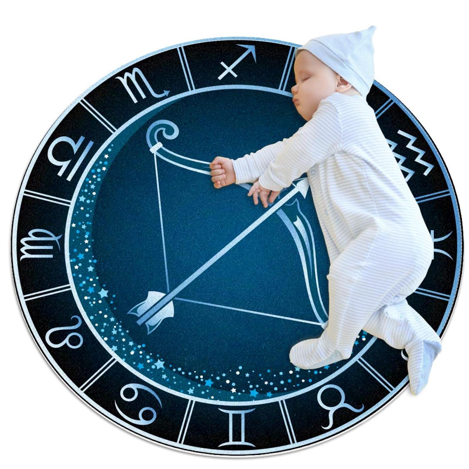 Non-Slip Round Rug Pad - Blue Sagittarius Clock Design for Bedroom, Bathroom, Kitchen, Teen Room Decor | 3' Floor Mat for Girls & Boys | Perfect for Study Chairs & Area Rugs | Home & Office Use