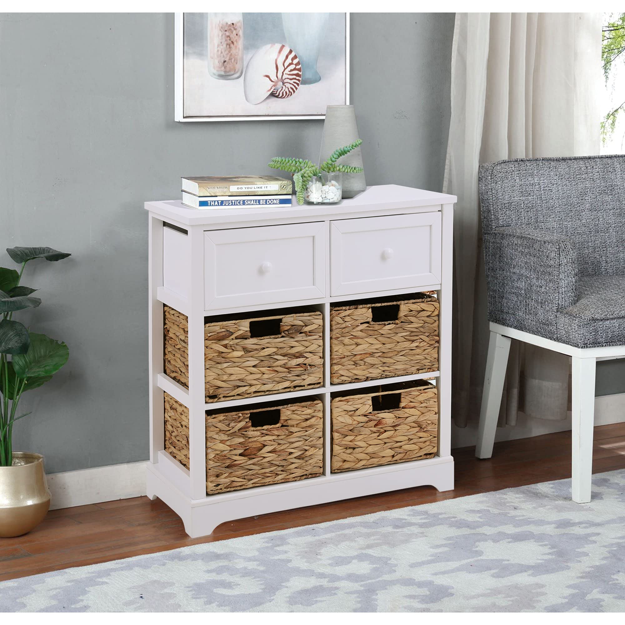 Rustic White 2-Drawer Storage Chest with Baskets - Organizer Cabinet for Bedroom, Living Room & Entryway - Perfect for Home Decor, Blanket Storage & Entryway Organization