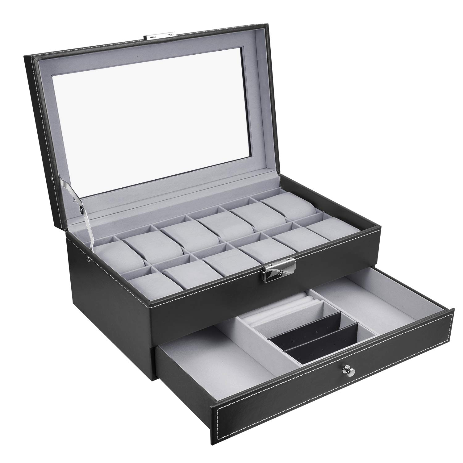 Premium Hossejoy 12-Slot Leather Watch Box for Men - Lockable Watch Organizer with Jewelry Display Drawer, Black - Perfect for Watch Collection Storage & Travel