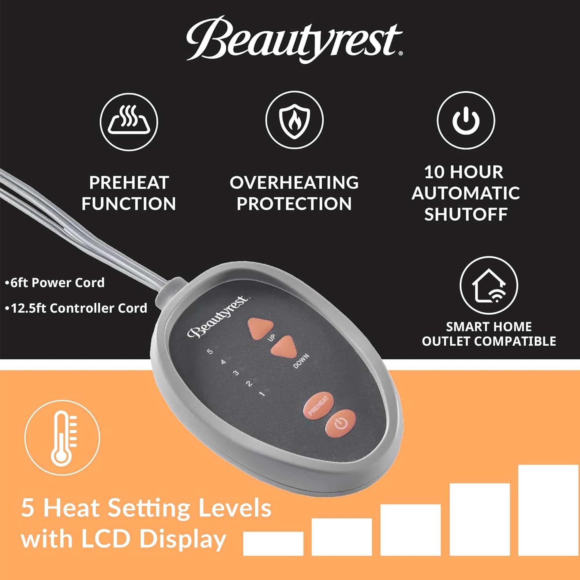 Beautyrest Heated Mattress Pad King Size - Electric Bed Warmer with 5 Heat Settings, Cool-Touch Technology & Auto Shut Off | All-Season Deep Pocket Design | Machine Washable & UL Certified White Mattress Topper | Perfect for Cold Nights, Arthritis Pain Relief & Cozy Winter Sleep