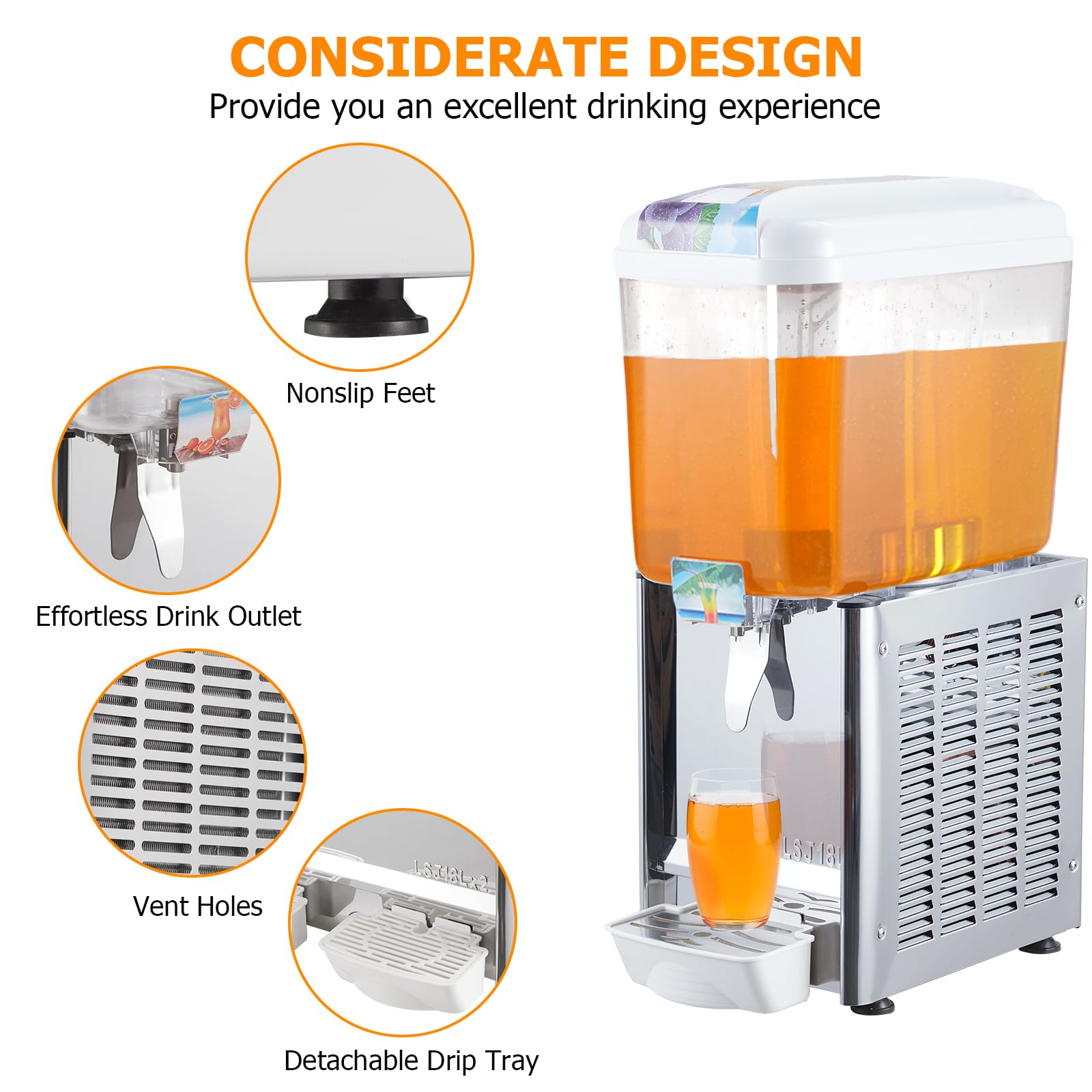 Towallmark 4.75 Gallon (18L) Commercial Beverage Dispenser - Stainless Steel Iced Tea & Juice Dispenser with Thermostat Control, 180W Power, Food-Grade Construction - Perfect for Restaurants, Cafes, and Catering Events